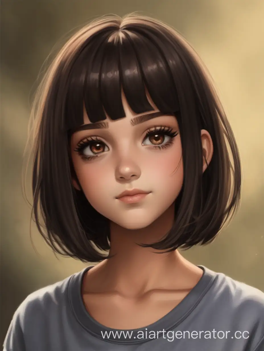 The girl with brown eyes, dark brown hair, a bob hairstyle, and slightly dark skin