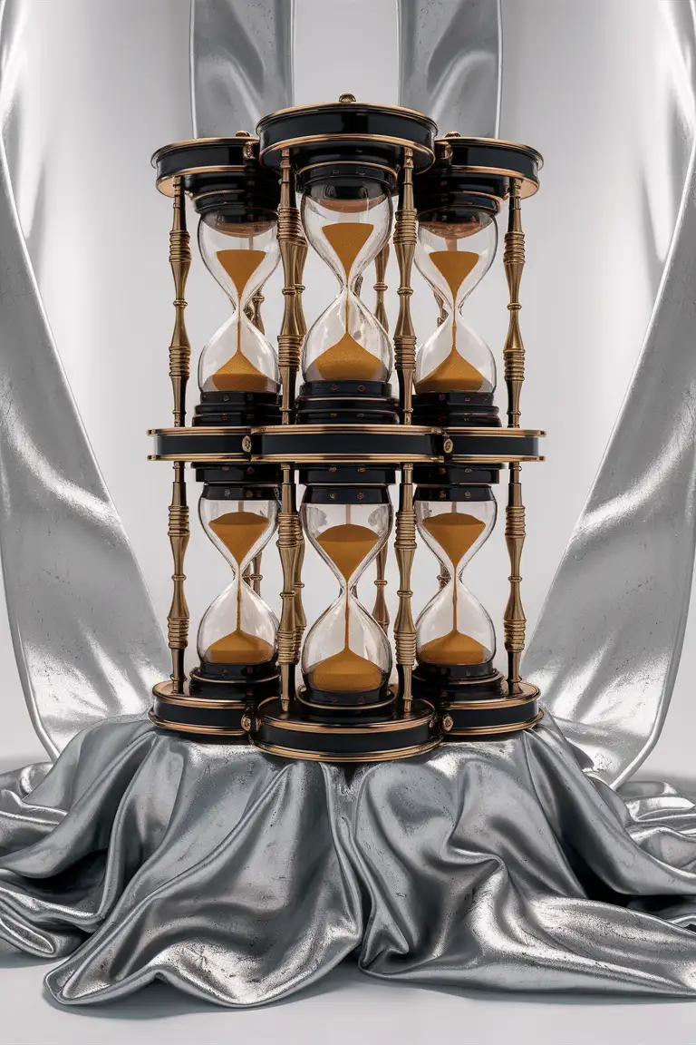 Timemachine made from 6 hourglasses. Banks are situated from up to down. golden sand inside. Timemachine stands on silver wrinkled fabric. Clear white backround.