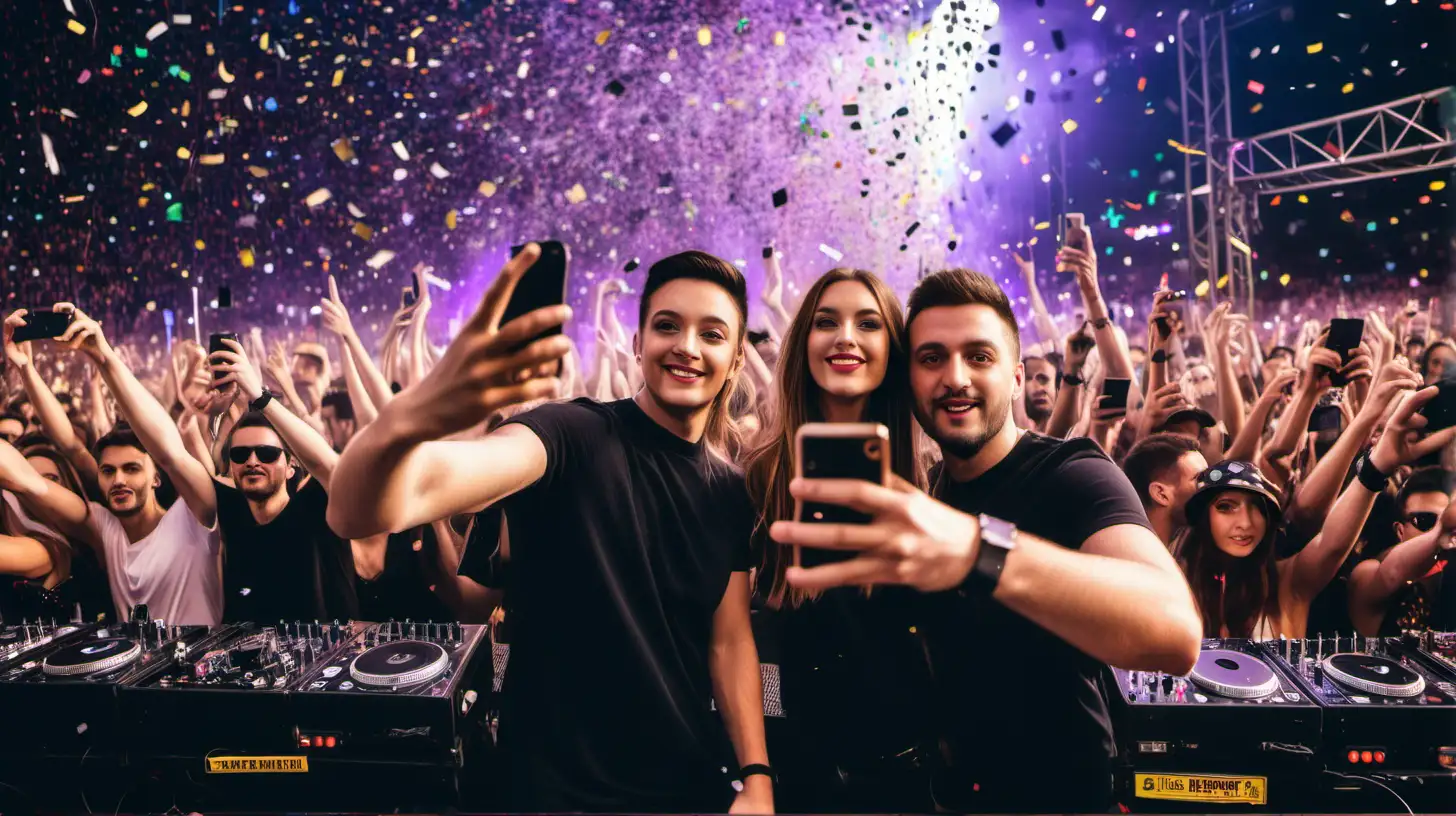 Two Djs on stage only taking a selfie of themselves with a huge crowd behind them on New Years Eve with confetti dropping


