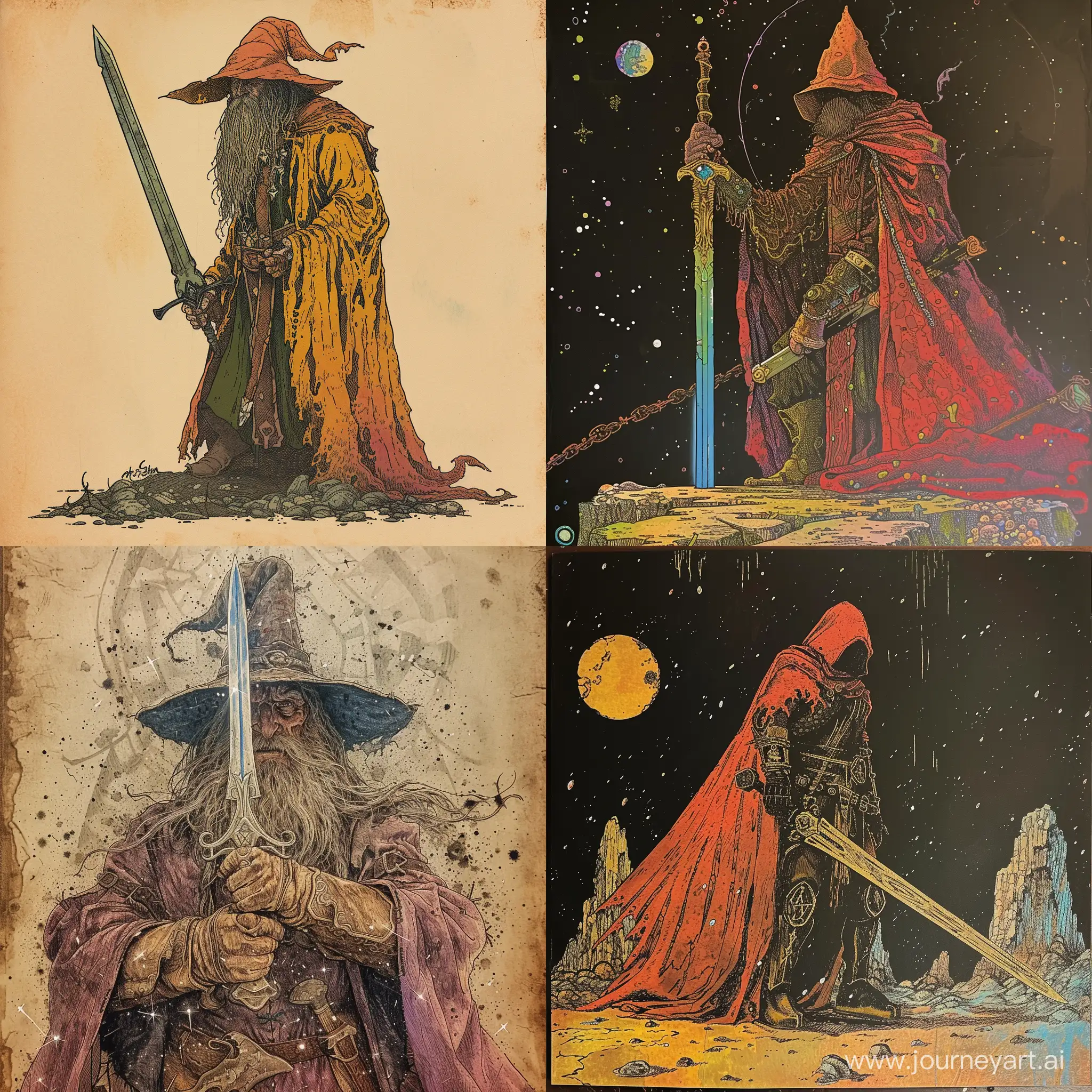 @Shaymoose: 1970’s dark fantasy book cover paper art dungeons and dragons style drawing of Sword wielding wizard