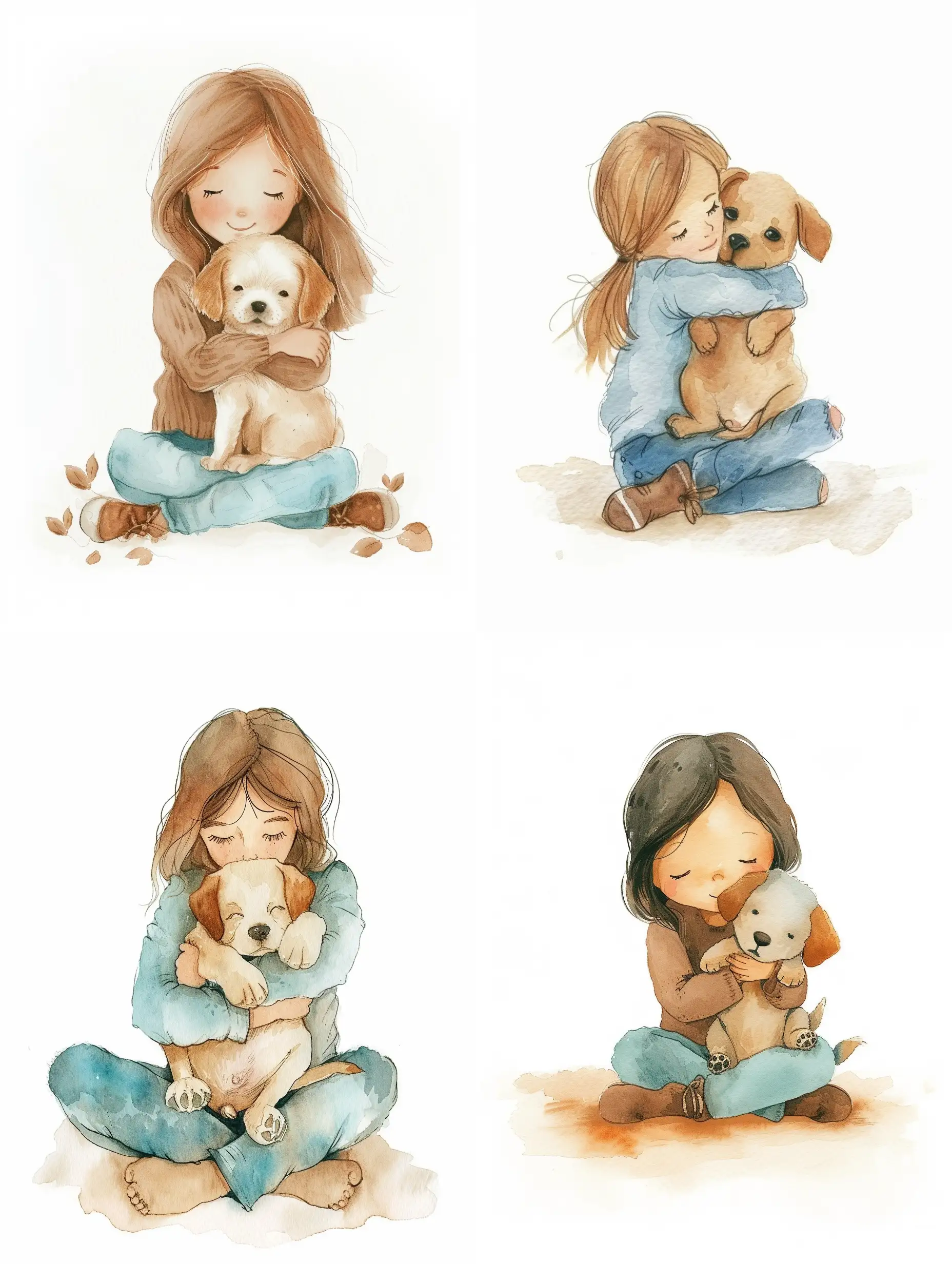 watercolor illustration, stylized characters on a white background, warm colors brown and soft blue, girl sitting and holding a cute puppy in her arms, full length, hugs, tenderness