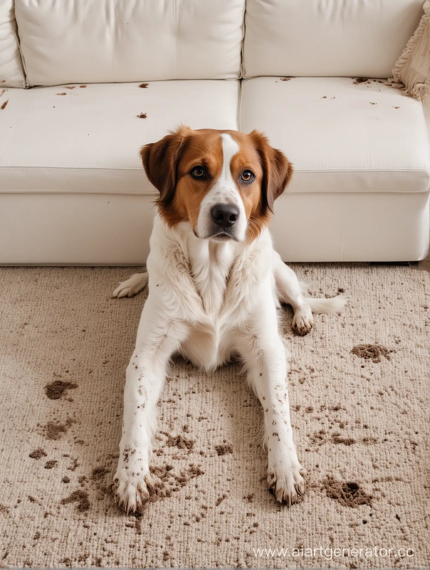 Собака с грязными лапами и виноватом видом улеглась на белый диван и испачкала его своими лапами. Видны следы грязи и следов на коврике перед диваном.