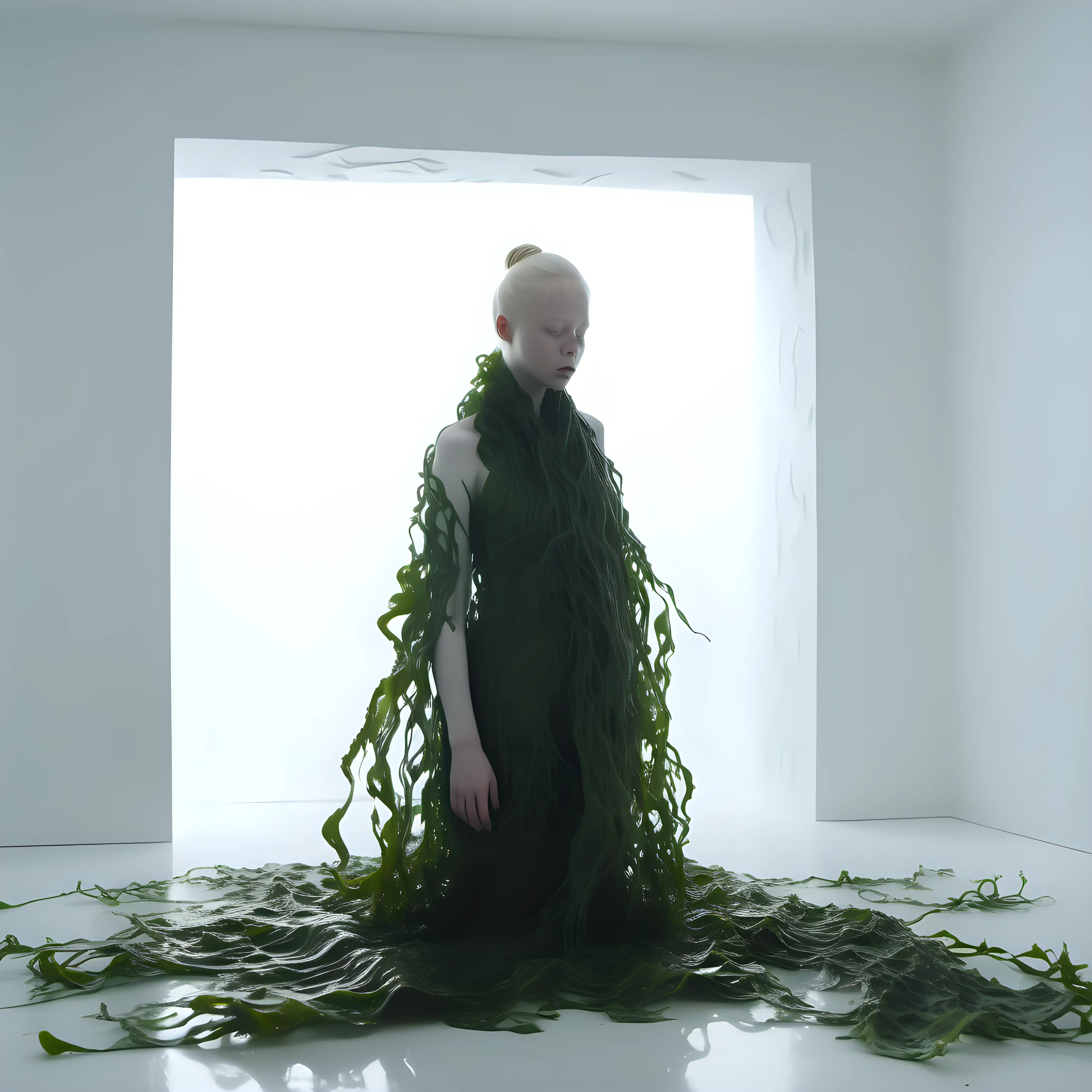 albino girl wrapped in kelp algae seaweeds in a white minimalist room, theatrical lighting, 8k –v 5.2