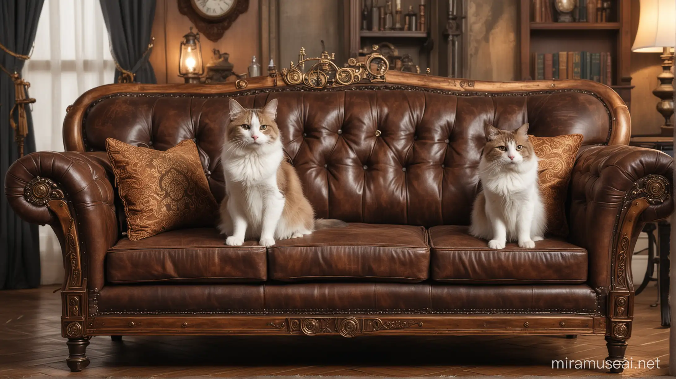the dog and the cat sit on an elegant sofa in a steampunk living room