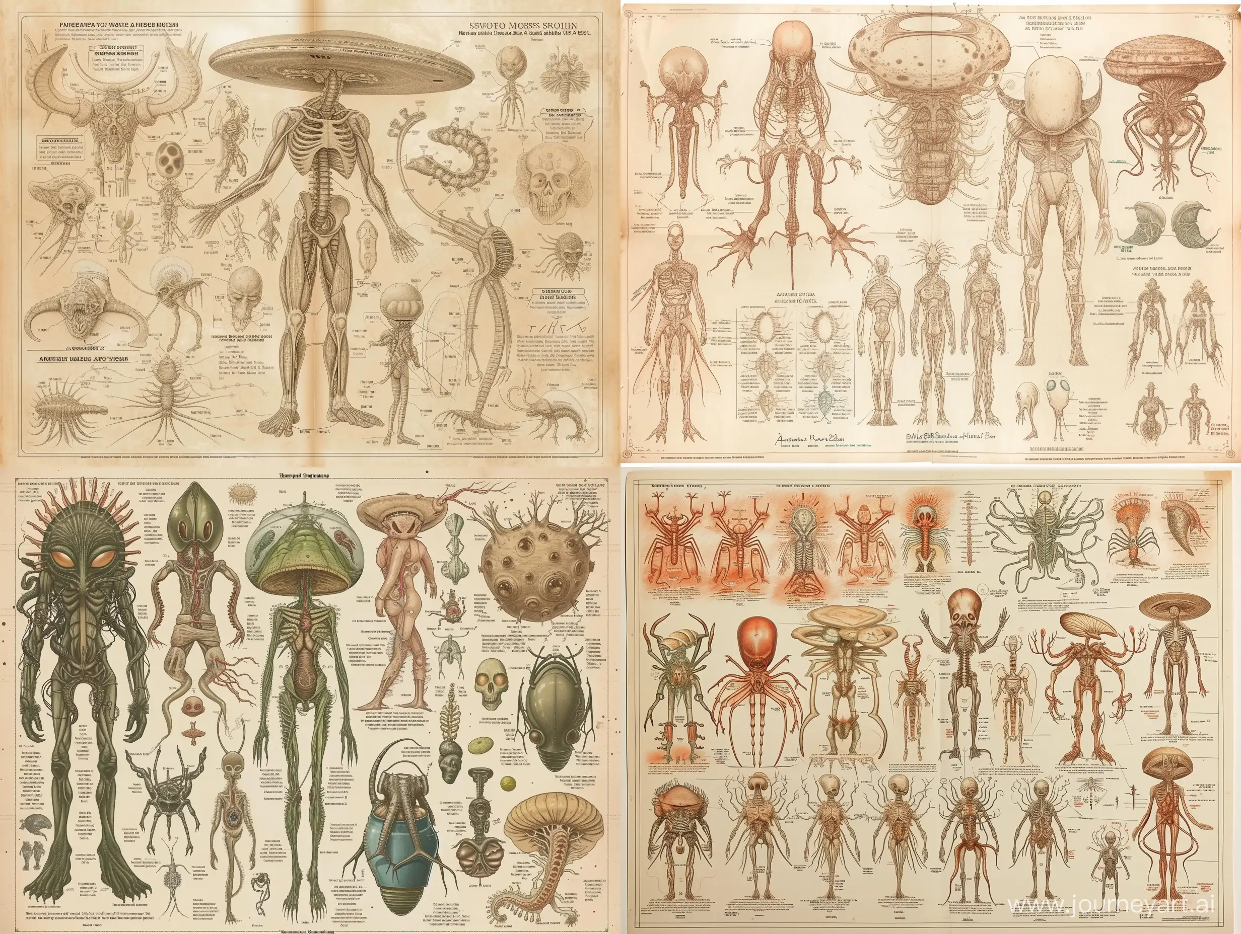 Imagine a highly detailed anatomical diagram, in the style of a university medical textbook, of unusual extraterrestrial organisms, ranging from simple to highly developed  --v 6 --ar 4:3 --no 79189