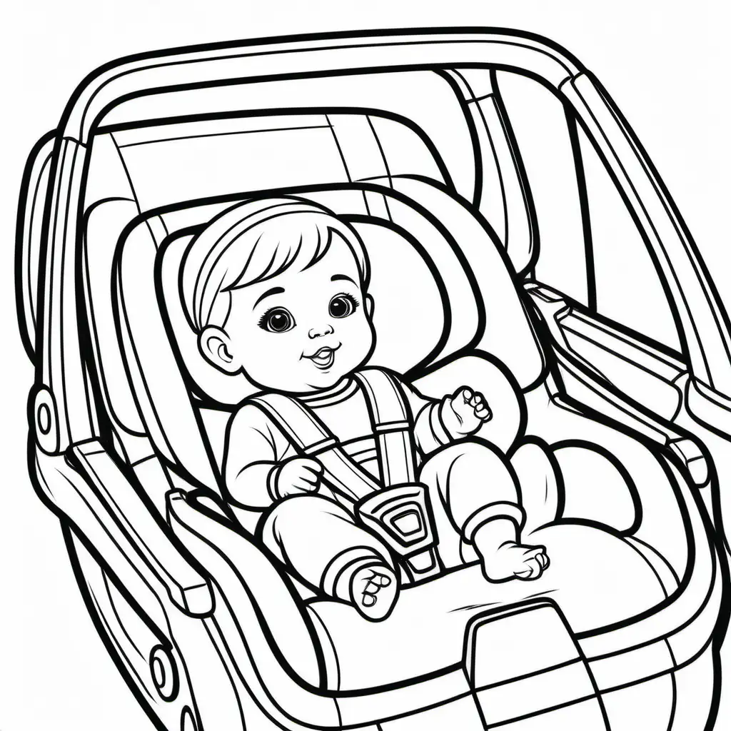coloring book for kids, simple, outline no color, baby in car seat with sister, fill frame, edge to edge, clipart white background --ar 3:2 --style raw