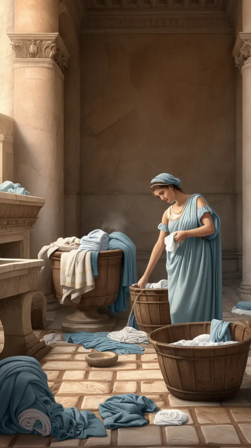 In ancient Rome, women wash clothes, there are piles of clothes on the floor