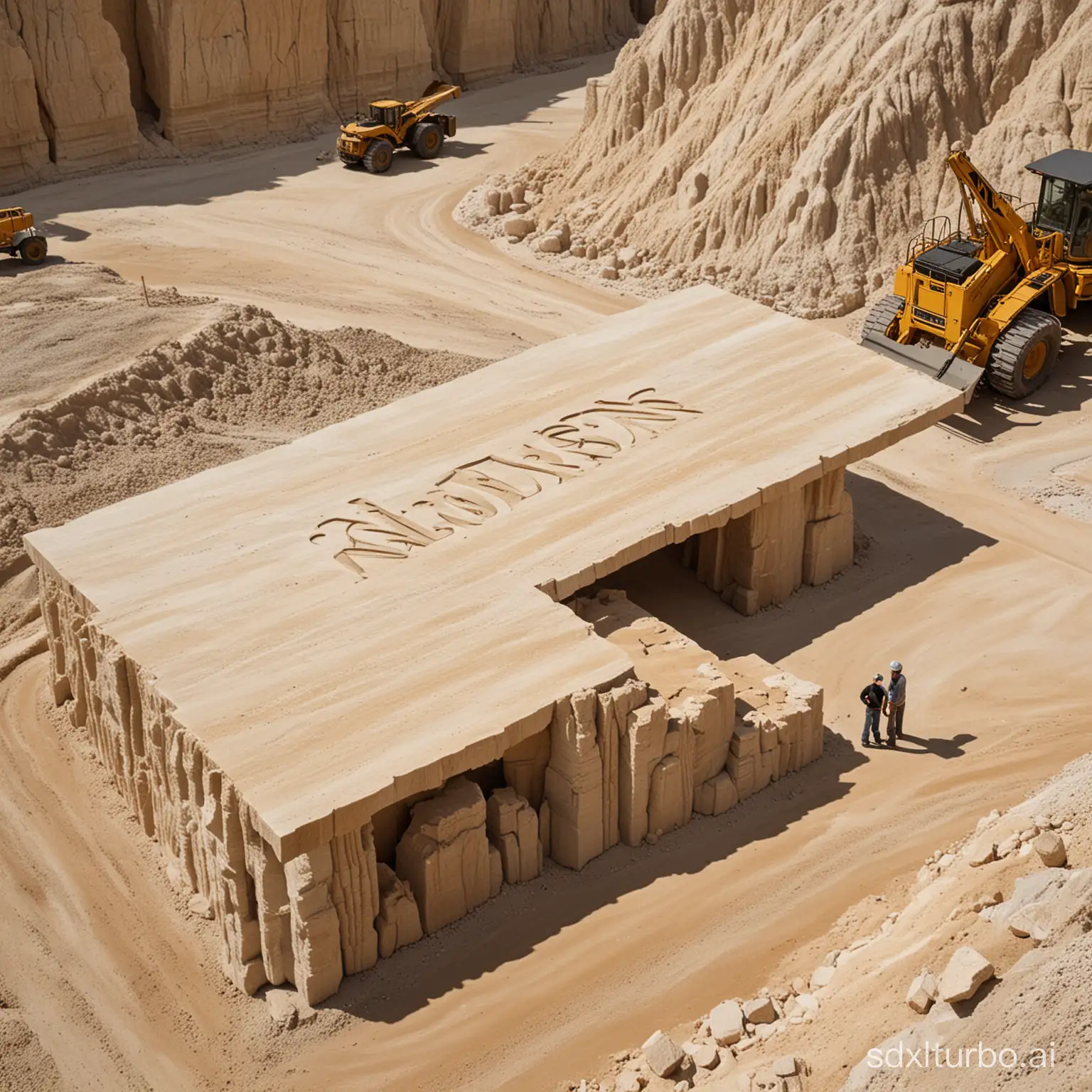 A highly realistic depiction of a travertine stone quarry, resembling an actual mining site. The scene captures the rugged, industrial environment of the quarry with heavy machinery actively operating and large blocks of travertine stone prominently displaying their unique beige textures. In the foreground, a craftsman, assisted by a woman who admires his work, meticulously hand-carves a piece of travertine into a sophisticated table with the letter 'N' engraved on it. This image emphasizes the authentic look and feel of a working stone quarry.