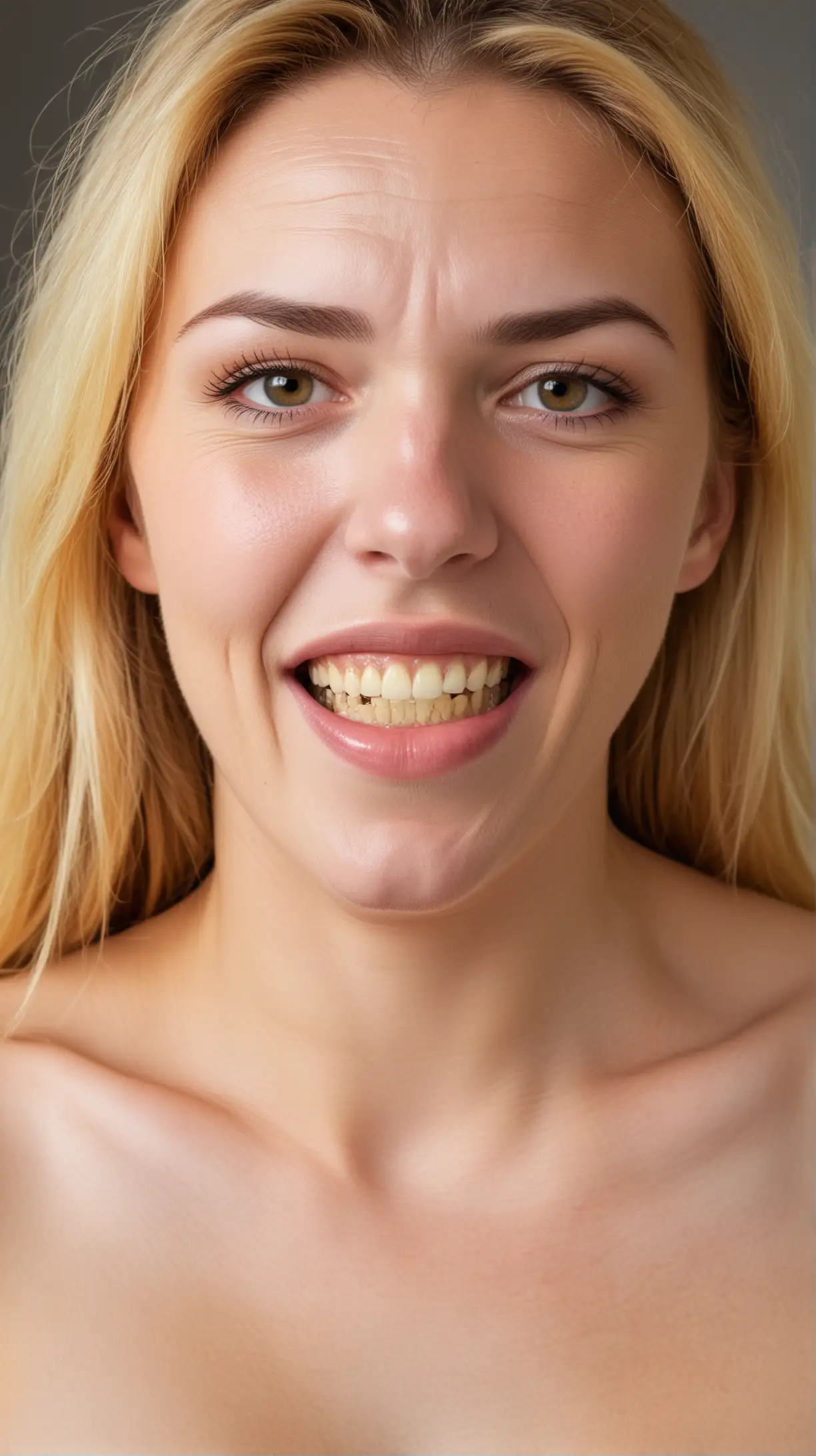 Nude woman unhealthly yellow missing teeth