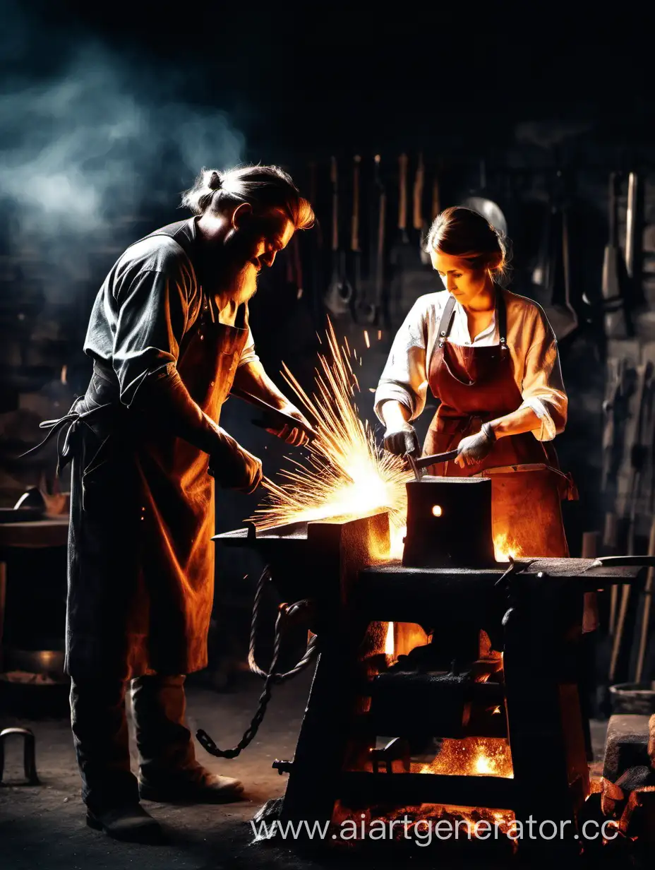 Blacksmith-and-Wife-Forging-Together-HighContrast-Picture-with-Bright-Sparks-4K