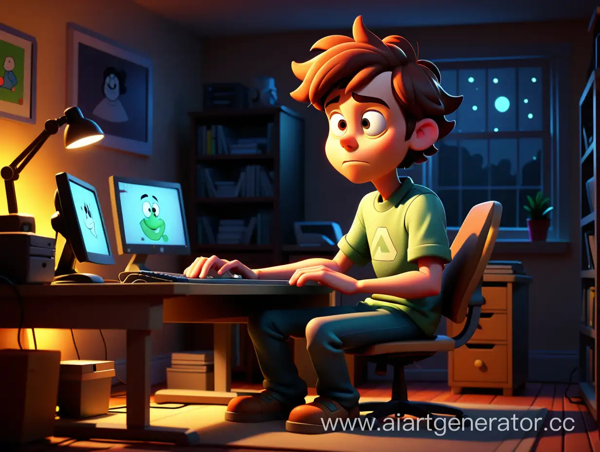 персонаж из мультика, сидит за компьютером, в комнате все в подсветке, атмосферное фото