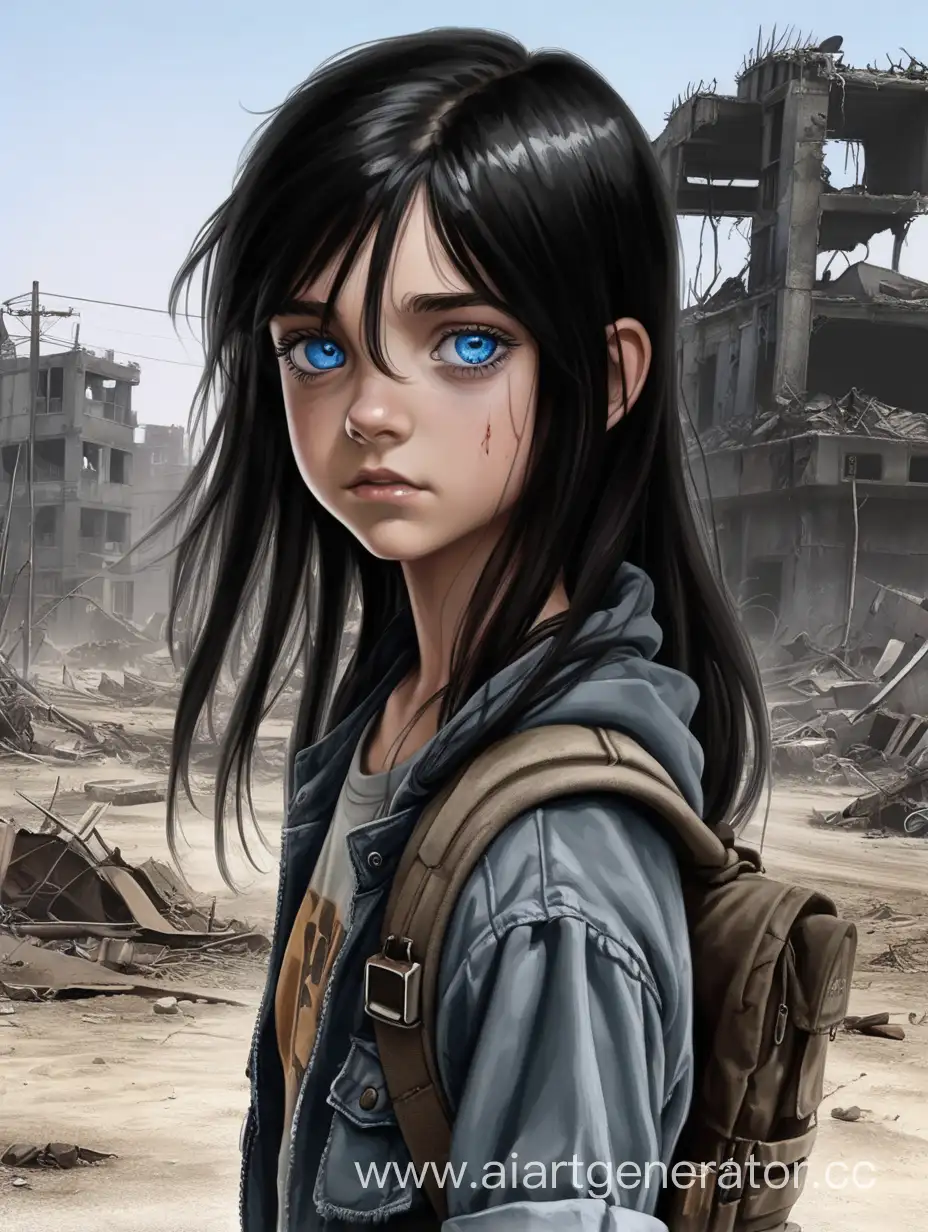 Девочка, 14 лет, голубые глаза, чёрные волосы, постапокалипсис