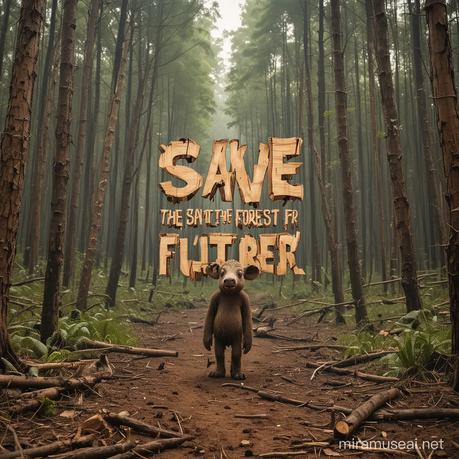 Image de deforestation avec le personnage Moogly et un message 'save the forest for a better future'