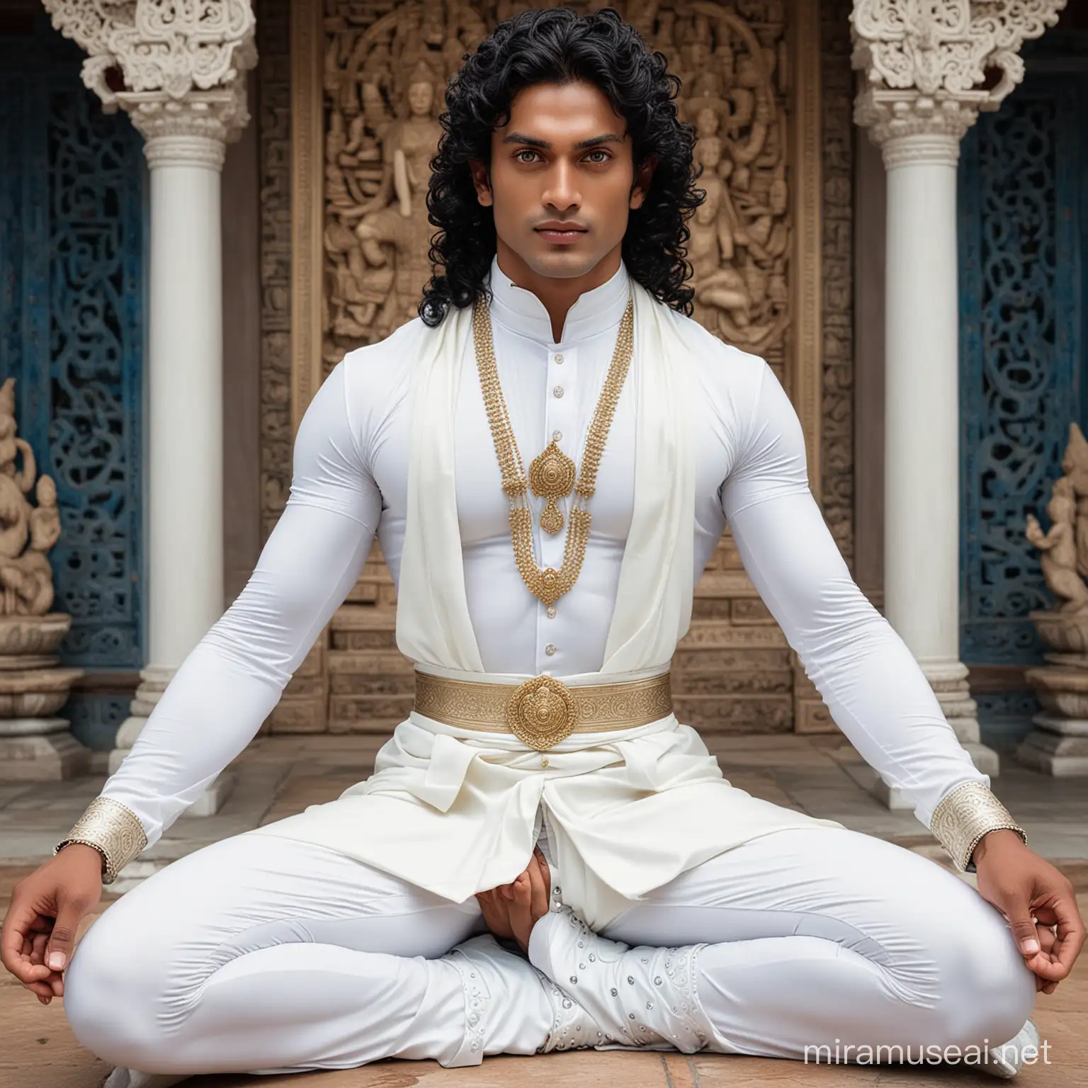 Dios hindu hermoso musculoso guapo alto, de cabellos negros rizados y ojos azules, sentado en posición flor de loto, vestido de blanco traje ajustado entallado con botas blancas y capa blanca larga  rodeado de diosas hindus y un monasterio tibetano 
