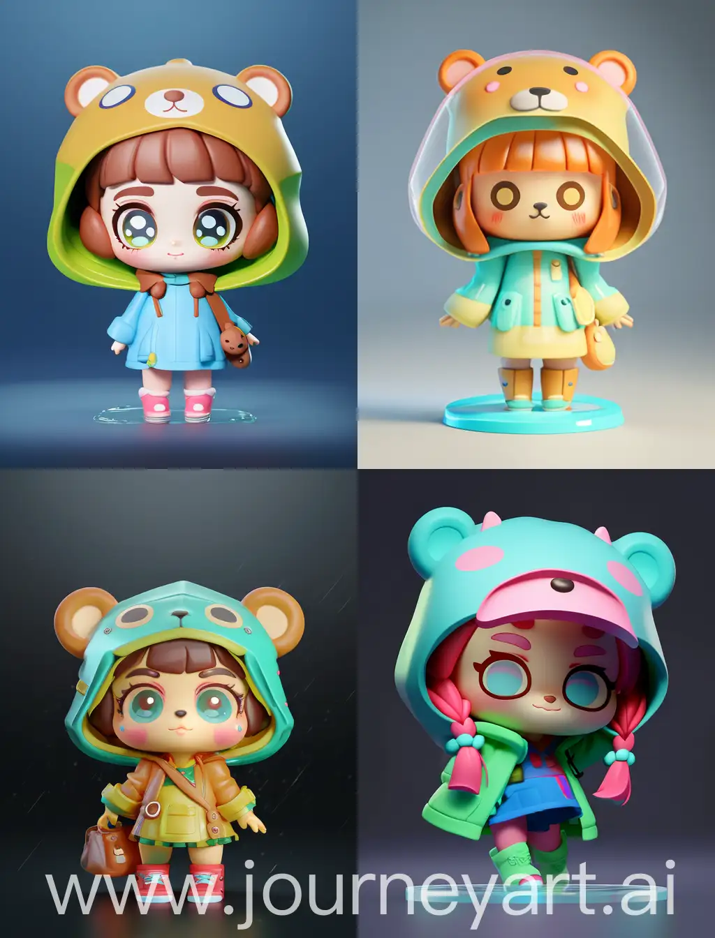 Blind Box Style girl fullbody, chibi, Super cute
girl, litle girl, smile, bear translucent raincoat,
blind box, bubble matt design exaggerated
pressure and movement, bright light,exaggerated
pressure and action, bright lights, clay materials,
precision mechanical parts, shut upintensity, 3d,
super detailed, C4D, Octane rating rendering, 
bear, mixer, 8K