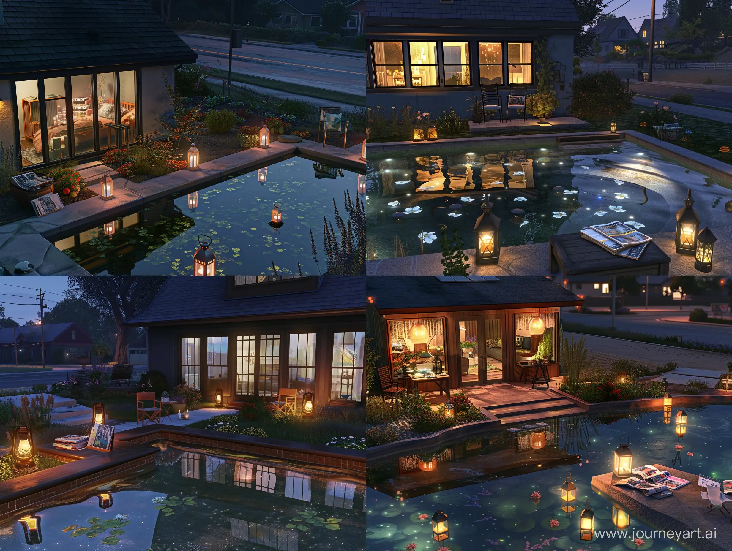beautiful american style house with a roof, and windows, at night. a backyard with gardens, and small swimming pool, with edging and small steps. modern lanterns reflecting in the clear transparent water. near is a little table with magazines and candles. there are two chairs near the table. A street in the background.low horizon line. 8 to ultrarealism, unreal engine, clear objects, big beautiful night skies