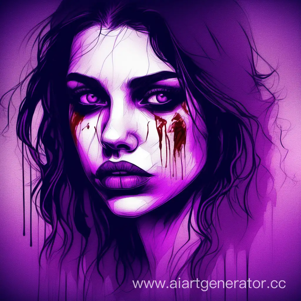 Young woman, neonoir, blood on lips, pencil paint style, sad eyes, purple tint colors.