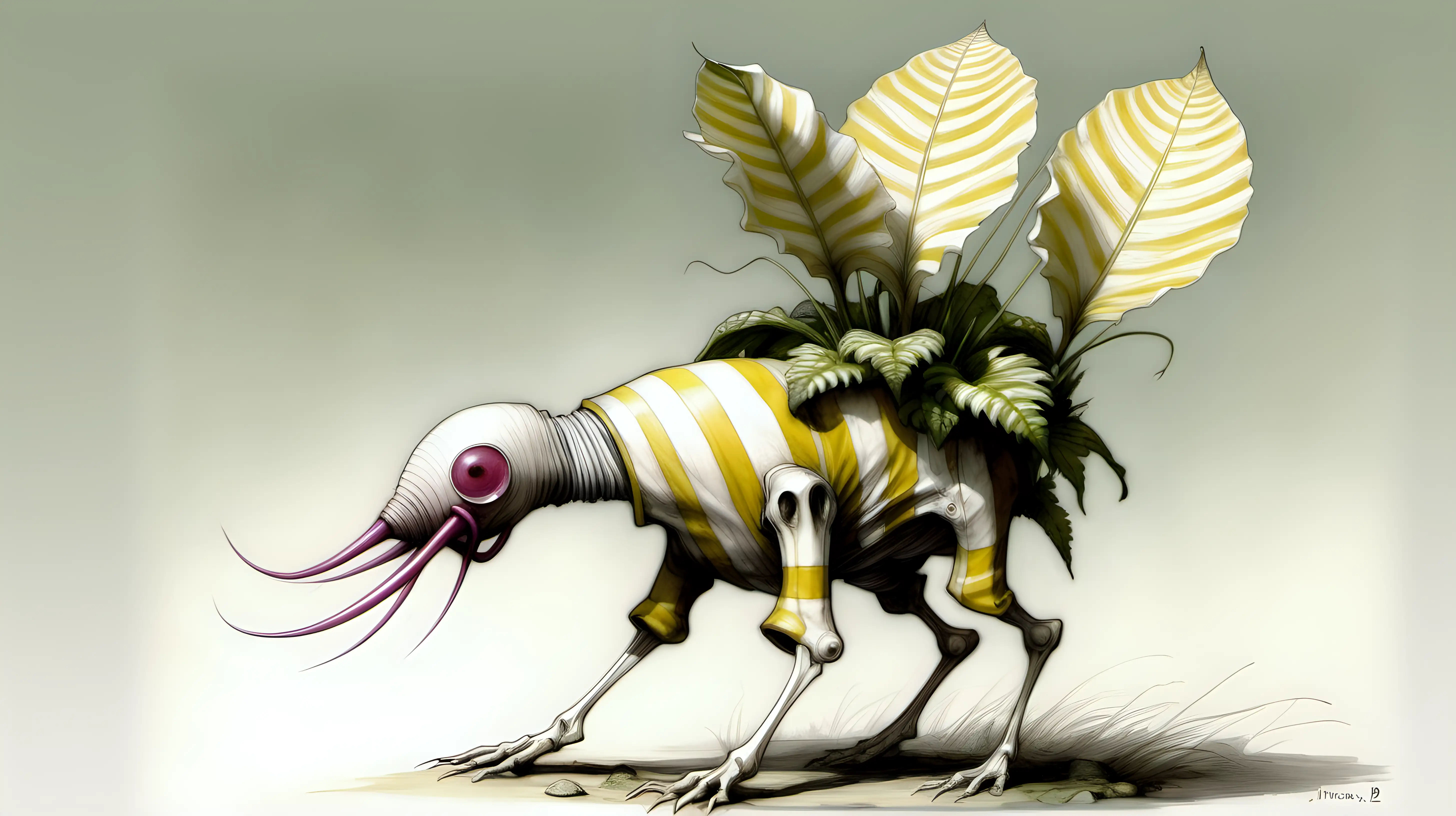 Artist Jean-Baptiste Monge style. A humanoid cyclamen-fern-shaped bonestructure creature. Yellow white striped fur. White eyes 