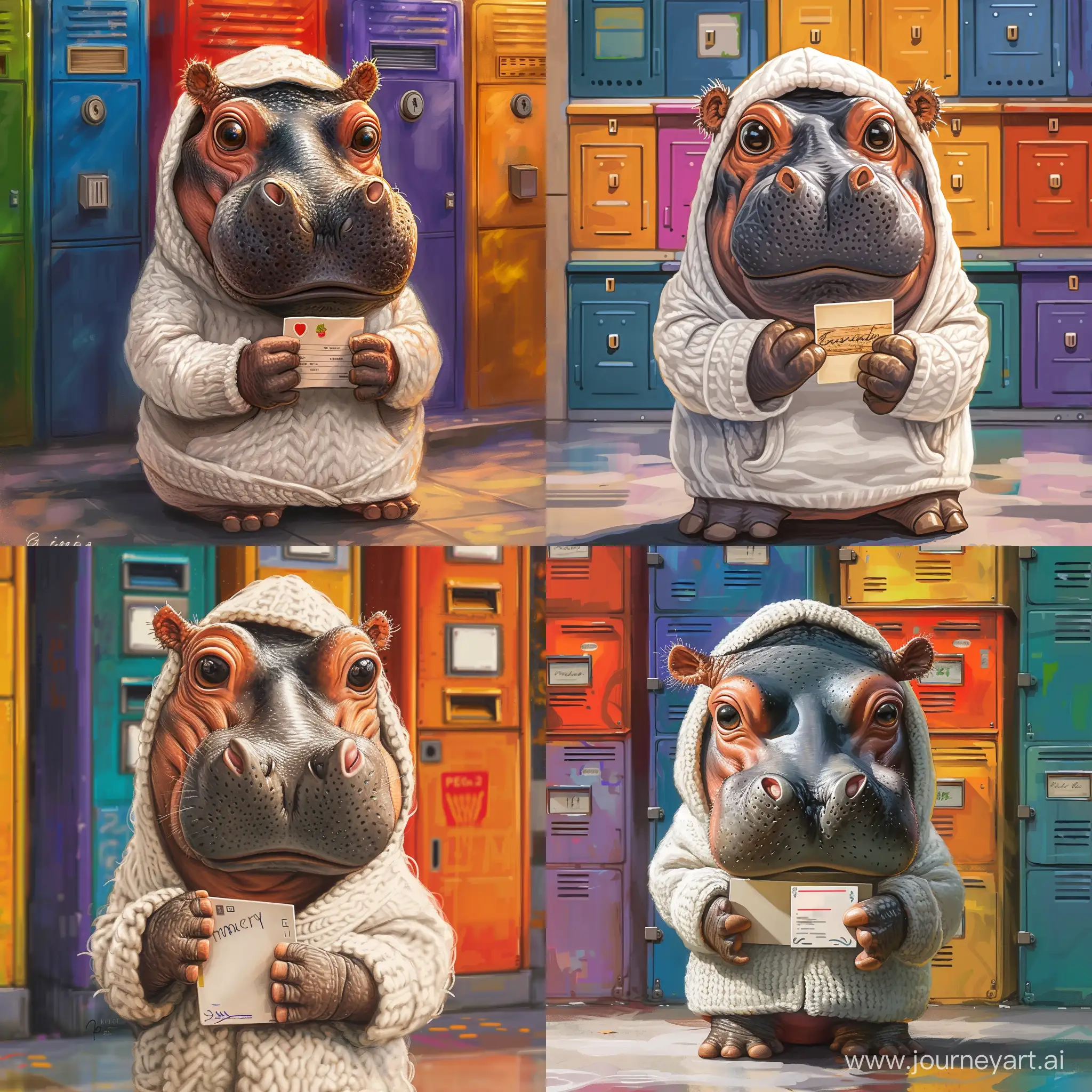 Charming-Baby-Hippopotamus-with-Postcard-in-Hand-and-Colorful-Mailboxes