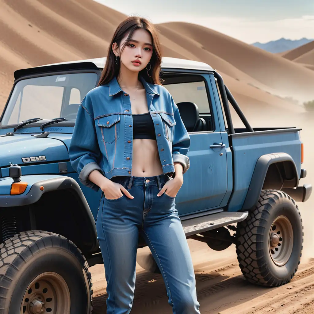 College Student in Denim by OffRoad Vehicle in a Western Film Style