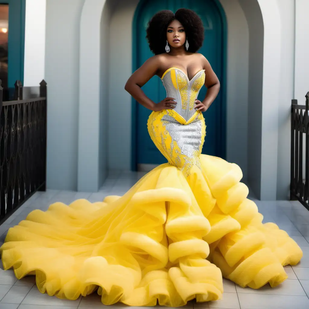 Beautiful black woman in yellow and silver corset prom mermaid dress with puffy train made in a beaded lace fabric