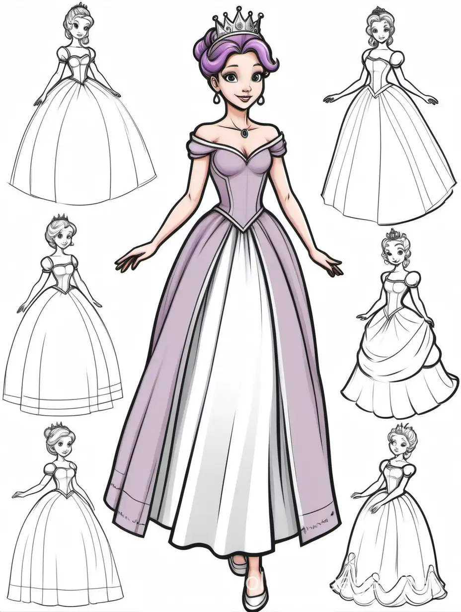 character study, PRINCESSS, MAUVE hair, up do hair, PRRINCESS BALLGOWN, TIARA, multiple poses, full body, half body, quarter body, arms in poses, hair up and hair down, artist canvas, annotations, Coloring Page, black and white, line art, white background, Simplicity, Ample White Space. The background of the coloring page is plain white to make it easy for young children to color within the lines. The outlines of all the subjects are easy to distinguish, making it simple for kids to color without too much difficulty