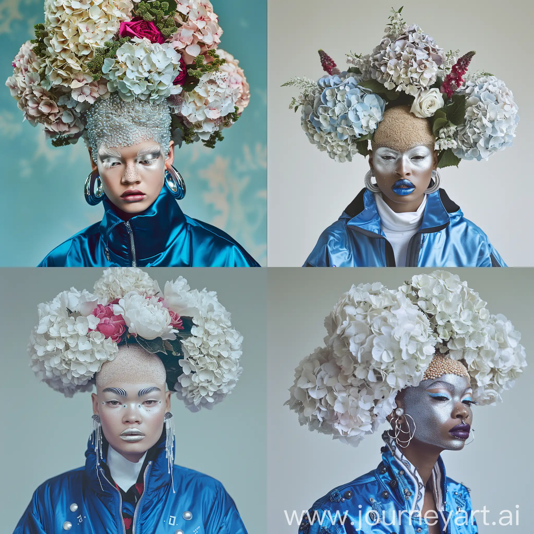 Studio-Portrait-of-90s-Model-with-Blue-Jacket-and-Floral-Headpiece
