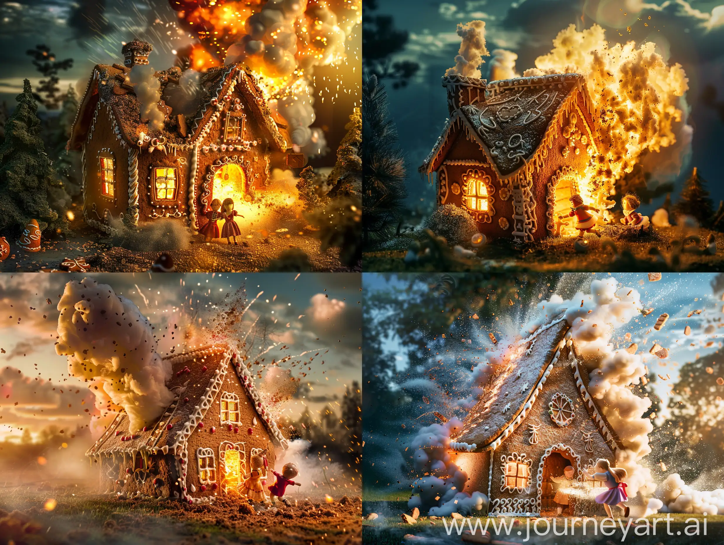 An old gingerbread house is blown up and a boy and a girl (Hansel and Gretel) come out of it, high quality, classic lighting, very realistic, in the evening, the image is very clear,