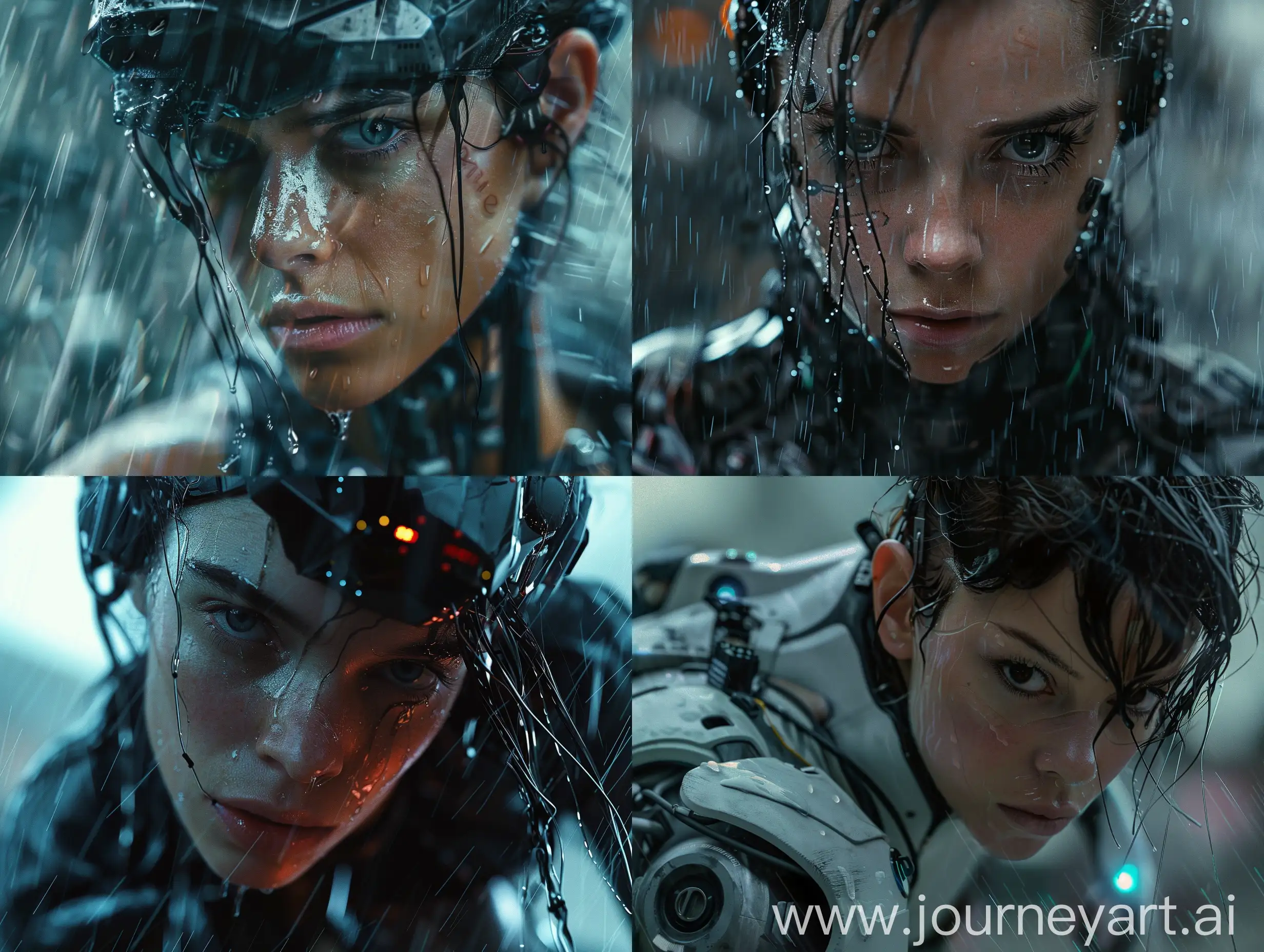 a cyborg woman, natural lighting, close up, showcase, cinematic movie. rainy, daytime, concept, photoshop, looking at the viewer, science fiction. visuals, environment