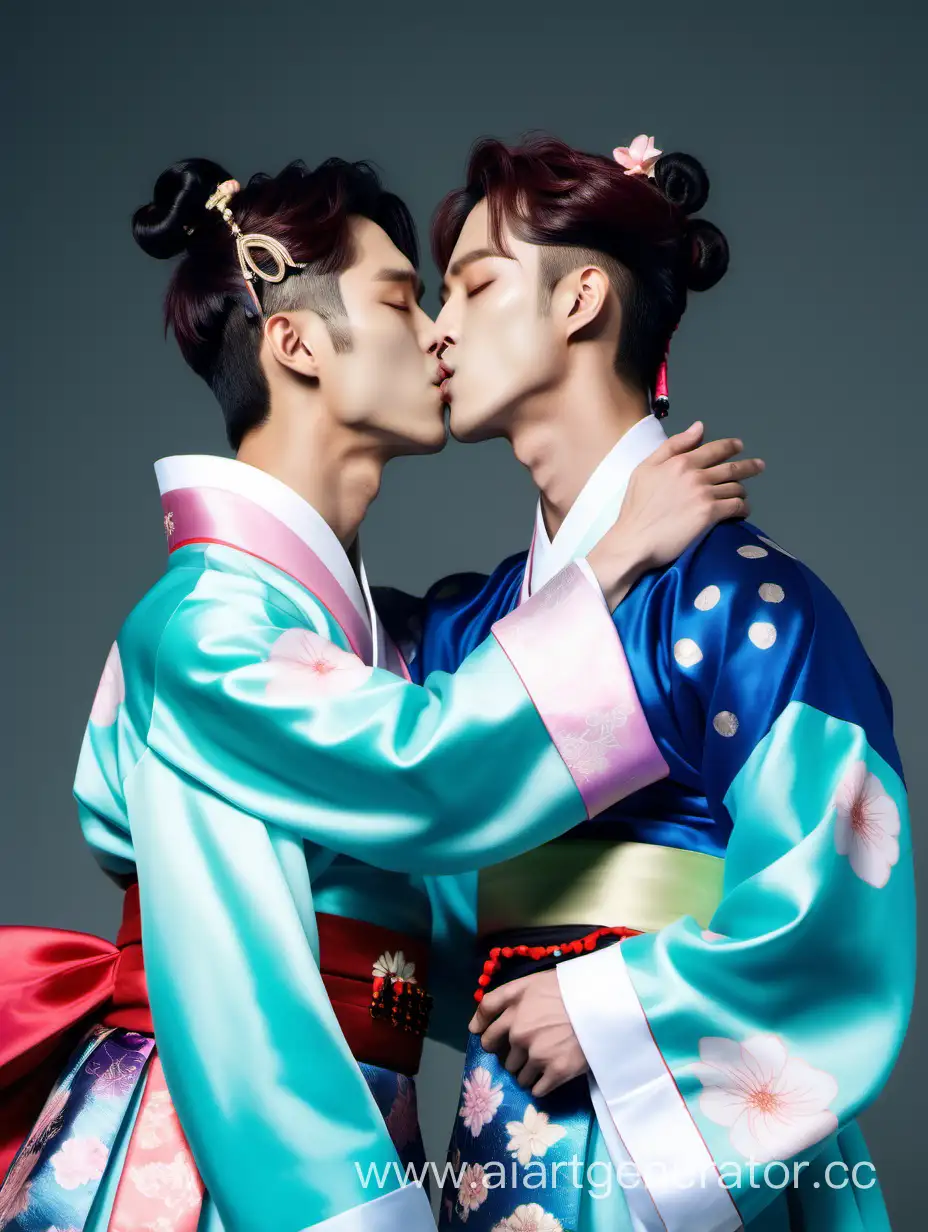 two male kpop idols passionately kissing, dressed in hanbok, closed eyes, soft and effeminate faces, thin, large height difference