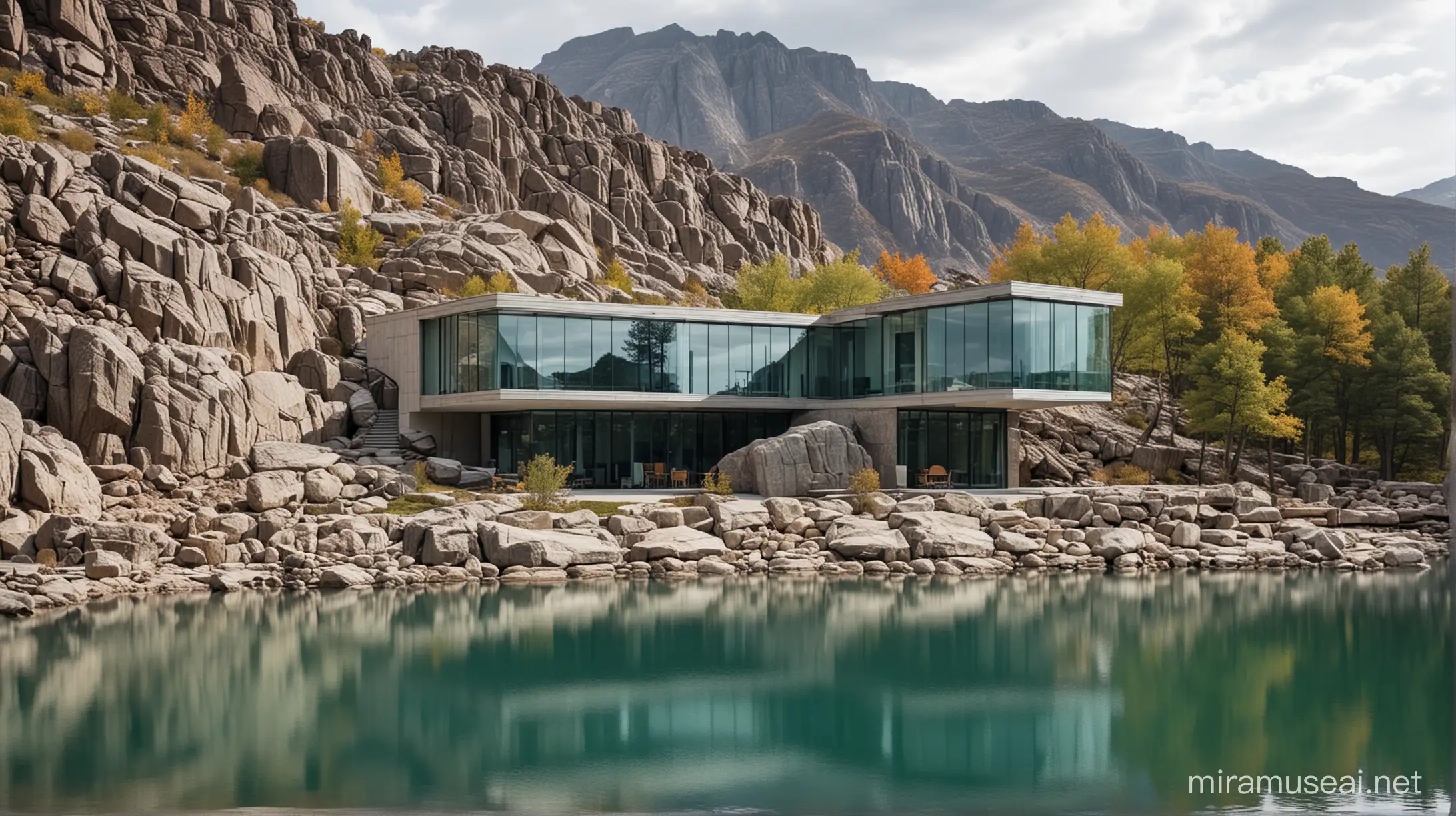 Modern building in a rocky environment with a lake in the foreground