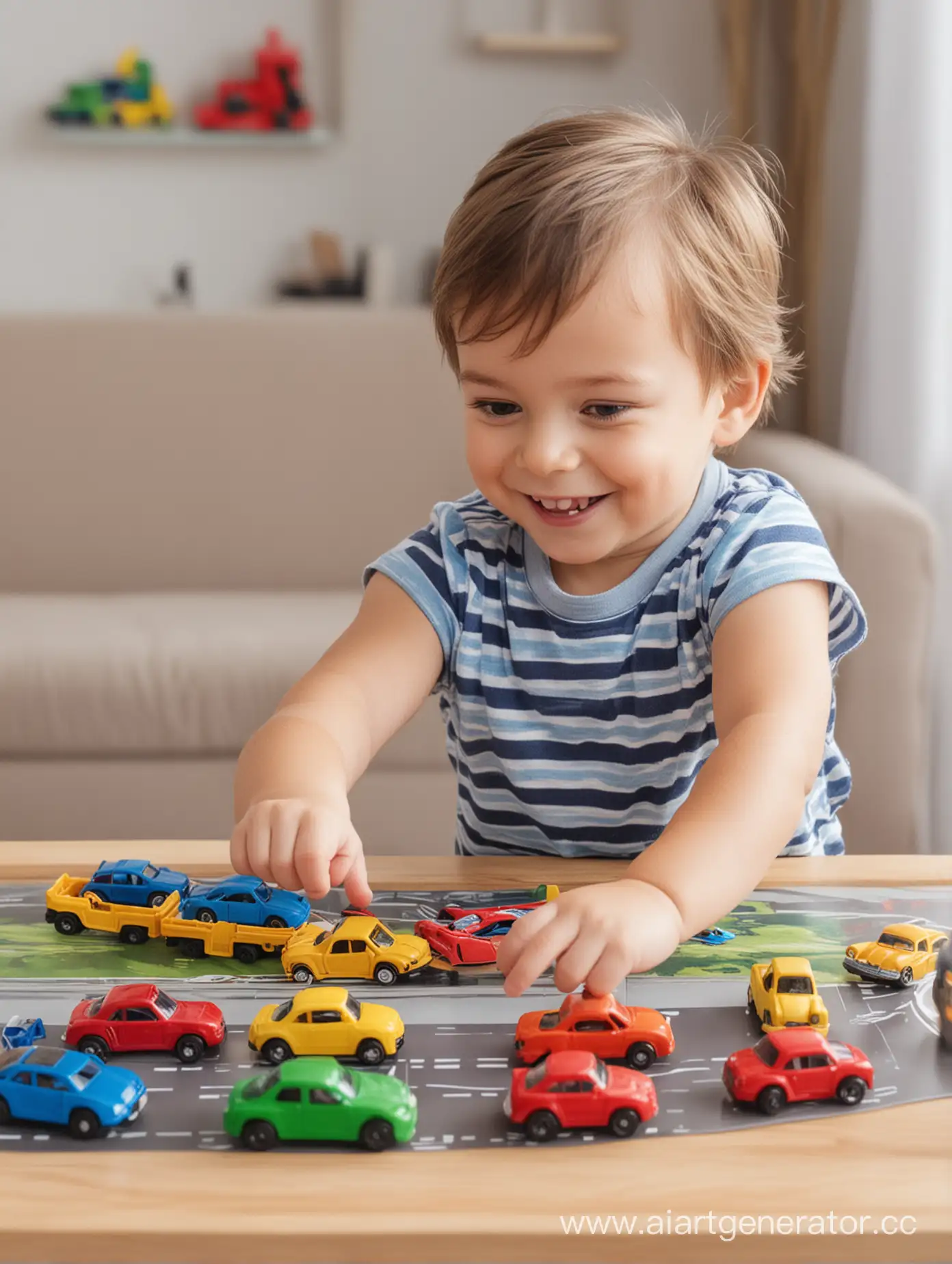 little happy boy playing with cars at the table