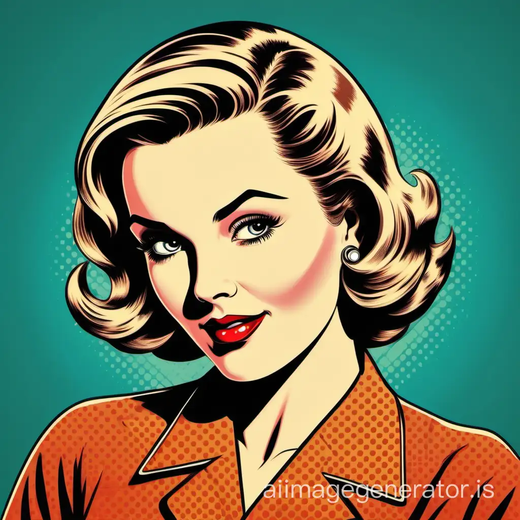 1950s retro woman with medium length hair, pop art illustration style with strong outlines and realistic, we defined details.