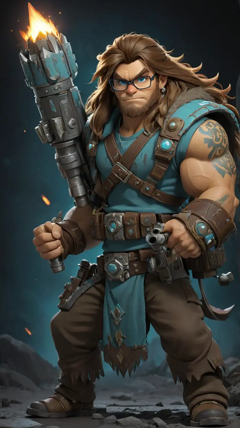 Young male, giant, really long brown hair, cyan ogryn warhammer outfit, glasses, hero pose, black stage background, pixar themed, *show full body*, holding rocket launcher