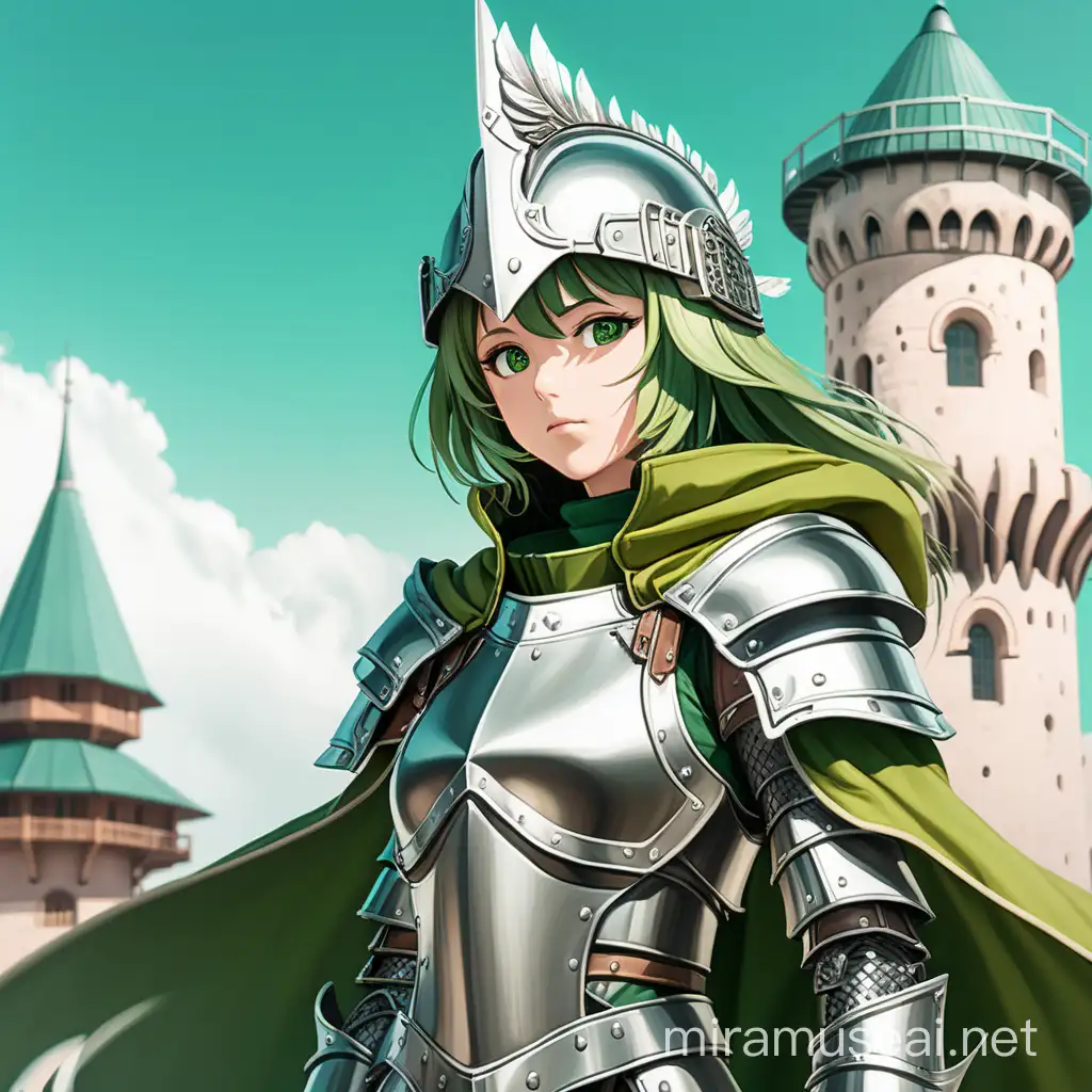 Anime style. Fantasy setting. Girl character commander in metal armor with a plumed helmet that show her face. She wear green cloak. guard tower on background background.