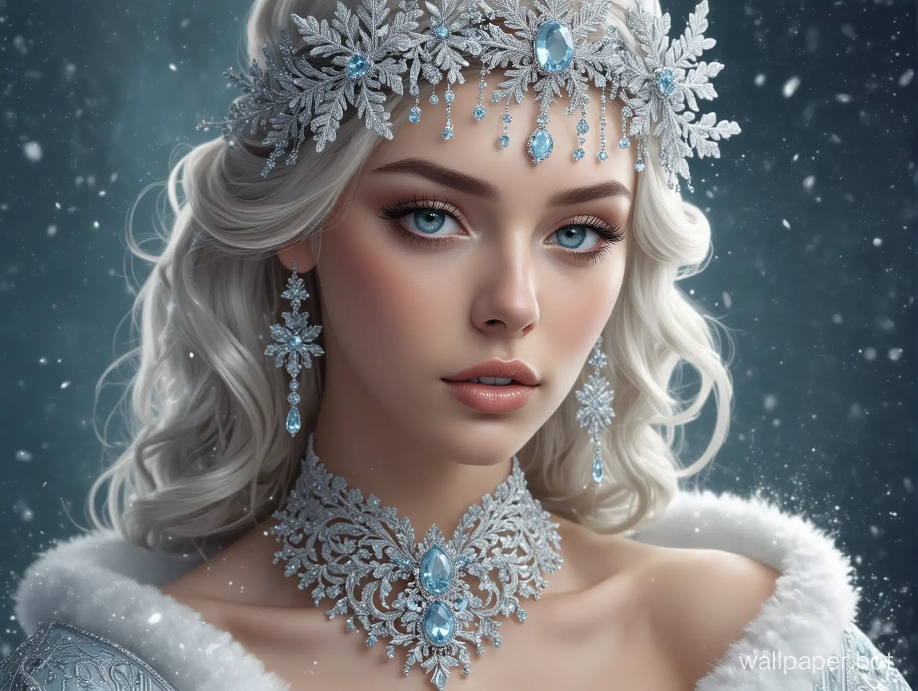 A digital illustration of a woman with an ethereal beauty, wearing a regal, snow-themed headpiece adorned with intricate silver embroidery and a large aquamarine centerpiece. Snowflakes gently fall around her. Her hair is light blonde, styled in loose waves. She has striking blue eyes, full lashes, and her makeup includes silver eyeshadow and nude gloss lipstick. Dangling earrings with sapphire and pearl details complement her look. The illustration is hyper-realistic with a focus on soft lighting and a cool color palette of blues, whites, and silvers, emphasizing a wintery theme. The background is a blurred cool blue, suggesting a snowy atmosphere., portrait photography, painting, vibrant, conceptual art, 3d render, illustration