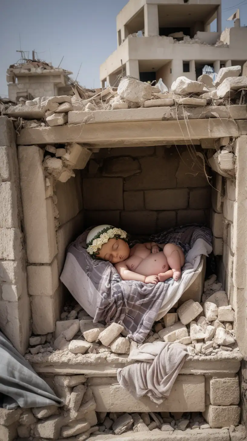 baby jesus sleeping in ruins of gaza city