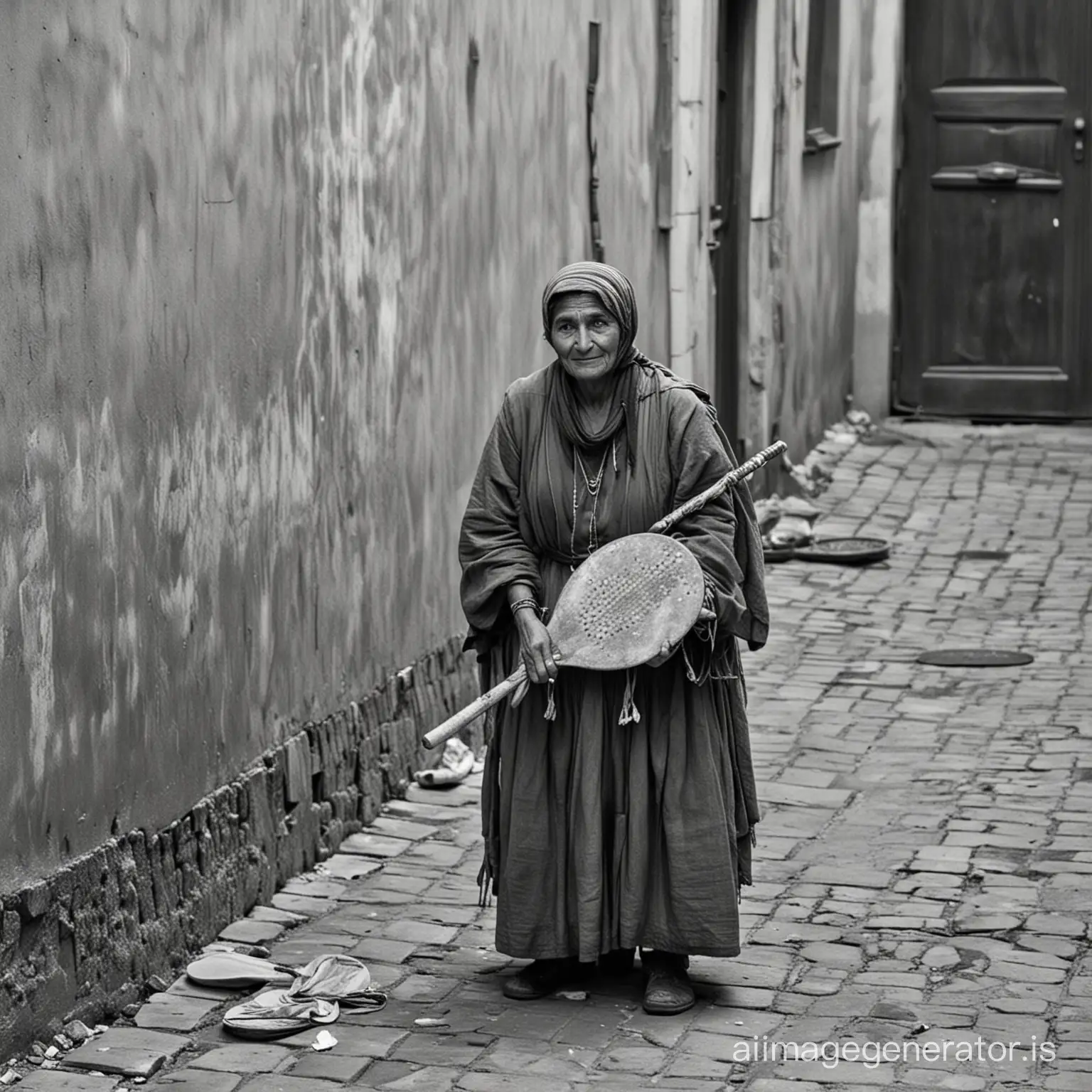 A Romanian BEGGAR woman with a real paddle racket in a dirty alley in TIMISOARA