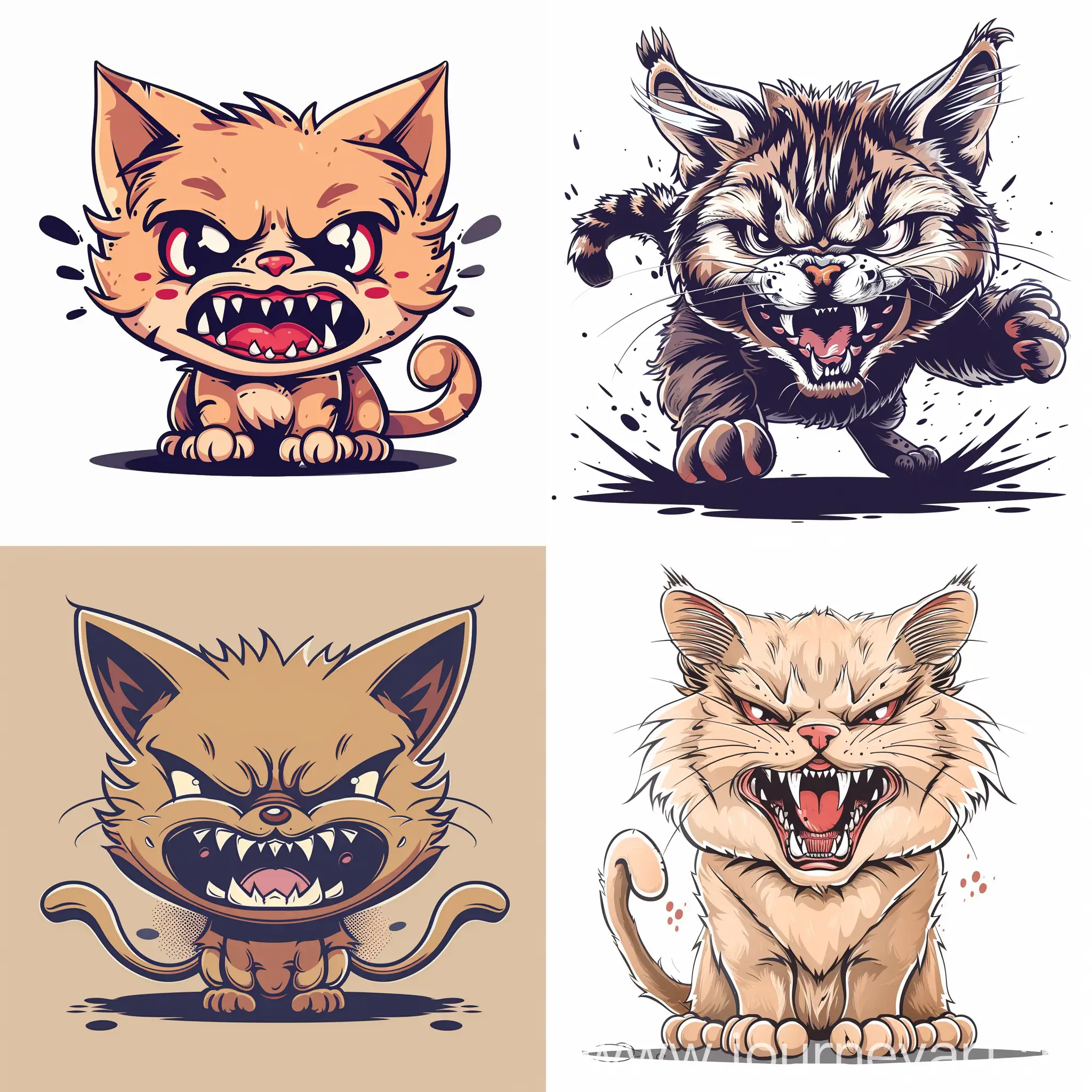 You need to come up with a high quality funny vector image for a very cute cat, the premise being a cat threatening violence if anyone comes near. The image needs to be on a clear background. The cat should be very cute, but showing fangs in a menacing way. use no more than 4 colours.