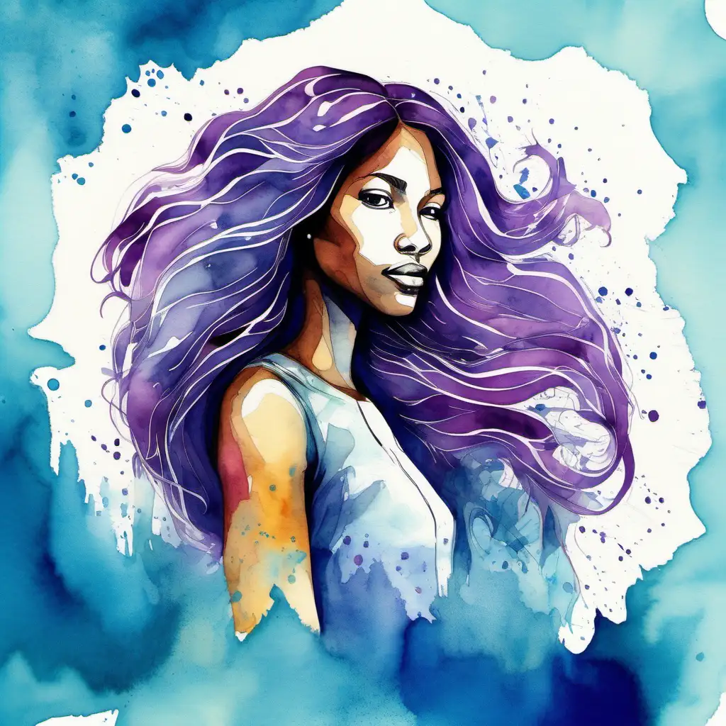 Generate a profile picture (PFP) for a women's tribe symbolizing fluidity, confidence, and strength in the tech world, using watercolors. Depict a woman with flowing hair and dynamic movements, exuding confidence and determination. Incorporate tech-inspired elements like circuit patterns or digital motifs subtly integrated into the background. Use a vibrant color palette with shades of blue and purple to convey fluidity and innovation. The overall image should evoke a sense of empowerment and resilience within the tech community.