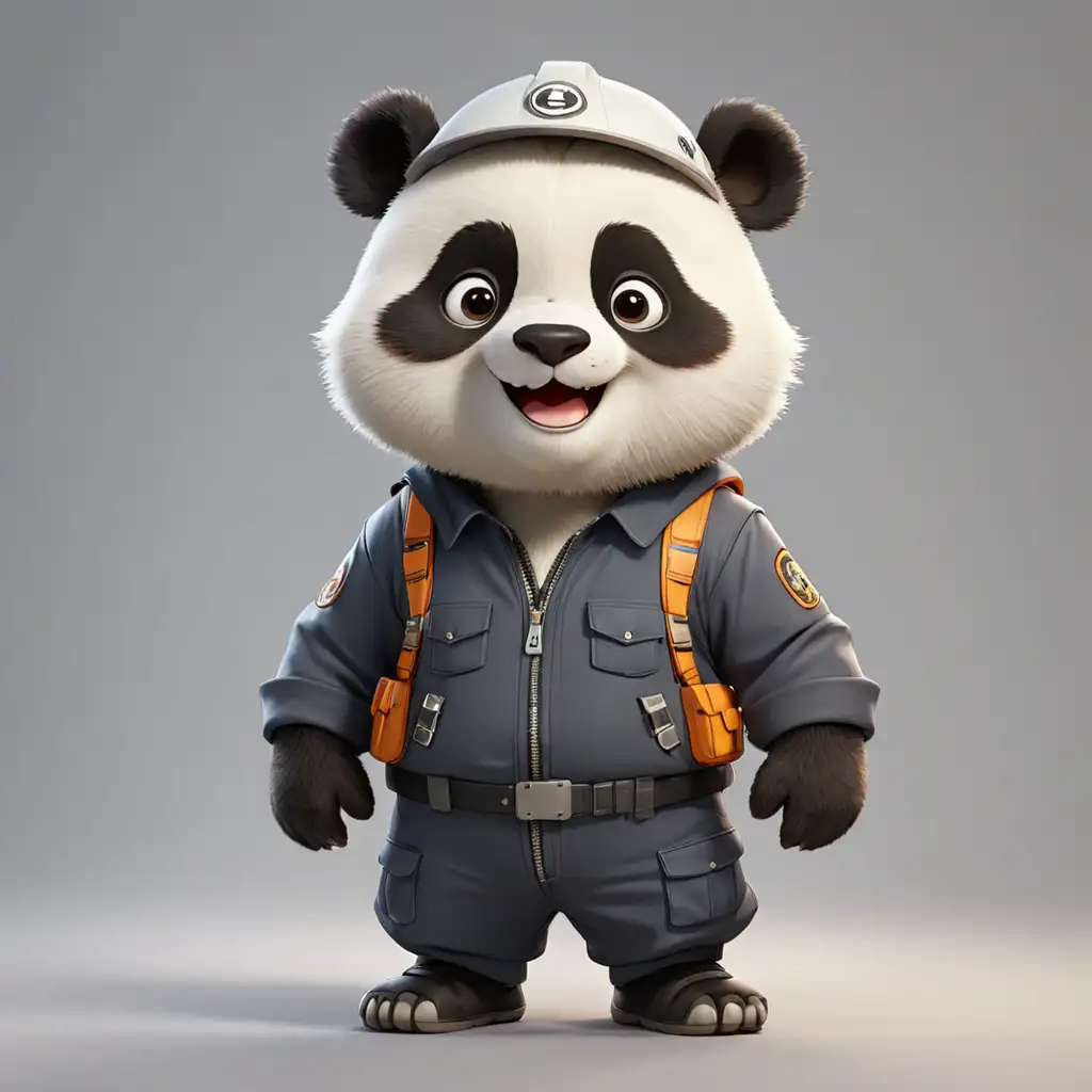 a happy panda in cartoon style in full body with Engineer clothes with helmet with clear background