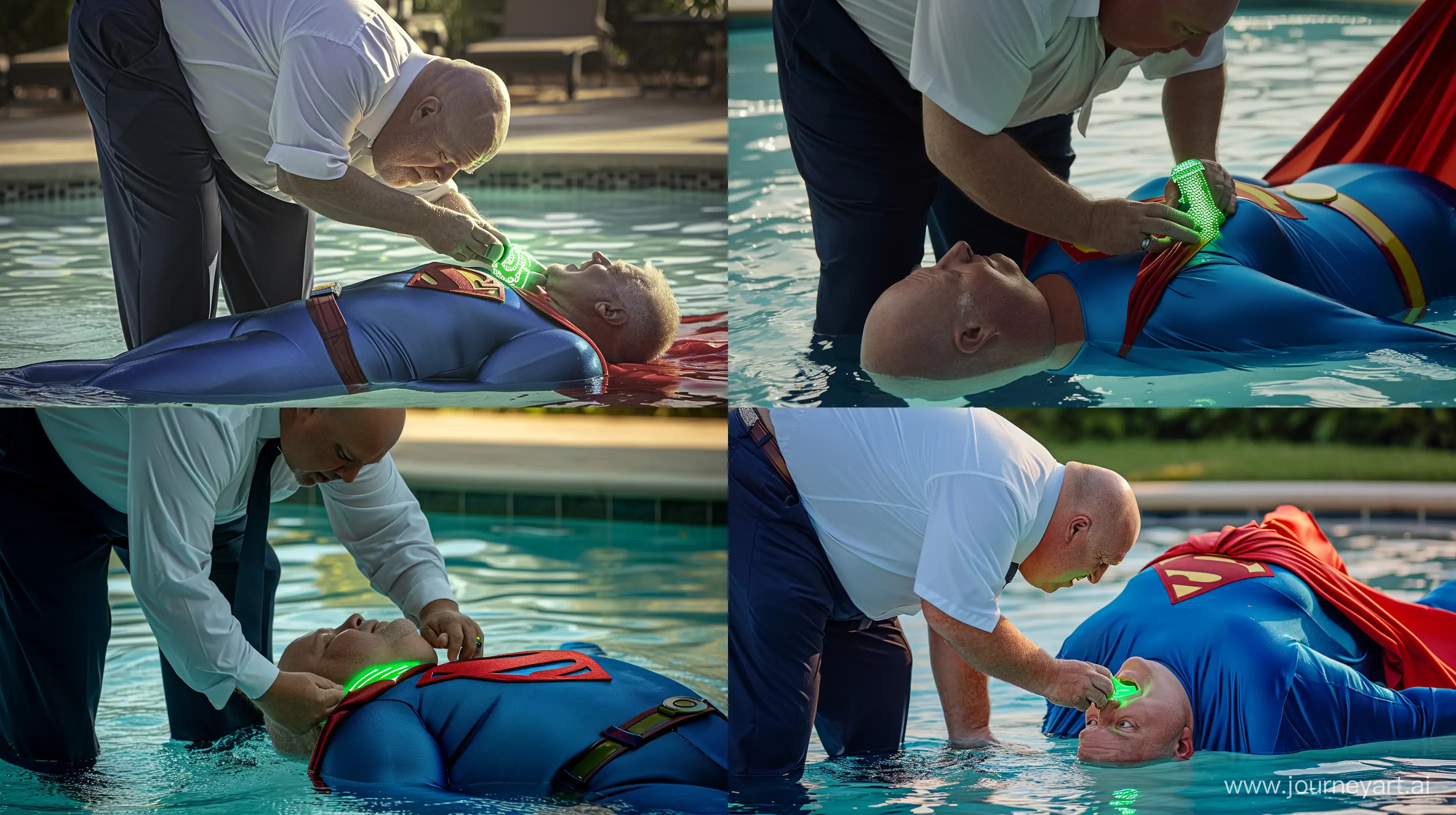 Close-up photo of a chubby man aged 60 wearing navy business pants and a white shirt, bending over and tightening a green glowing small short dog collar on the neck of another chubby man aged 60 lying in the water and wearing a blue silky superman costume with a large red cape. Swimming Pool. Outside. Natural light. Bald. Clean Shaven. --style raw --ar 16:9 --v 6