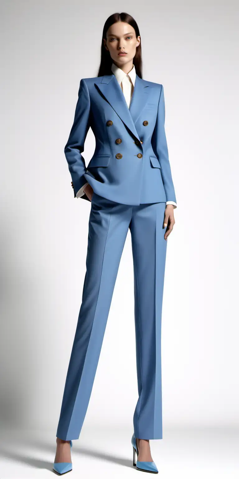 Gucci style suit, 2024 spring summer fashion, gray fabric, blue piece on the collar, double-breasted jacket, regular fit trousers women's suit. fashion model, white background, high heels
