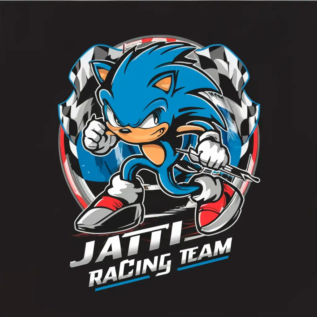 a logo design, with the text 'jati racing team', main symbol: running sonic the hedgehog with Finnish flag white and black, Moderate, clear background