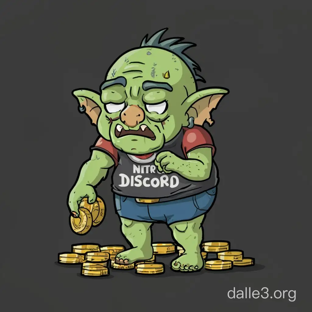 EXTREMLY POOR UGLY goblin STEALING COINS FROM GRANDMAS paying on the ground with a t-shirt that says Discrod nitro+GUZZY