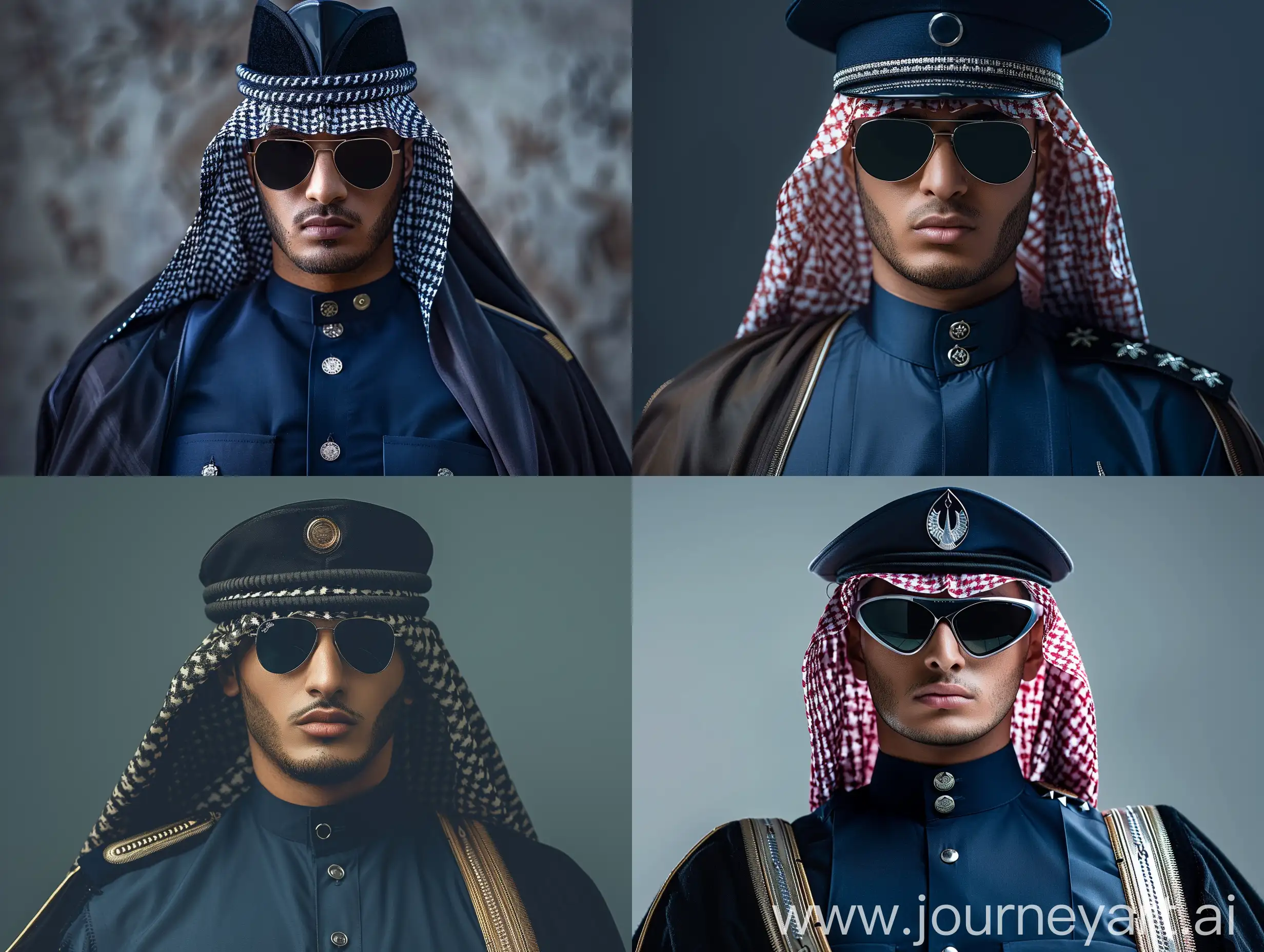 Close up portrait of a young focused Saudi arabian  male general, wearing a modern navy blue ceremonial outfit, wearing a military peaked cap hat with traditional Saudi headscarf, wearing military sunglasses, also wearing a military cape