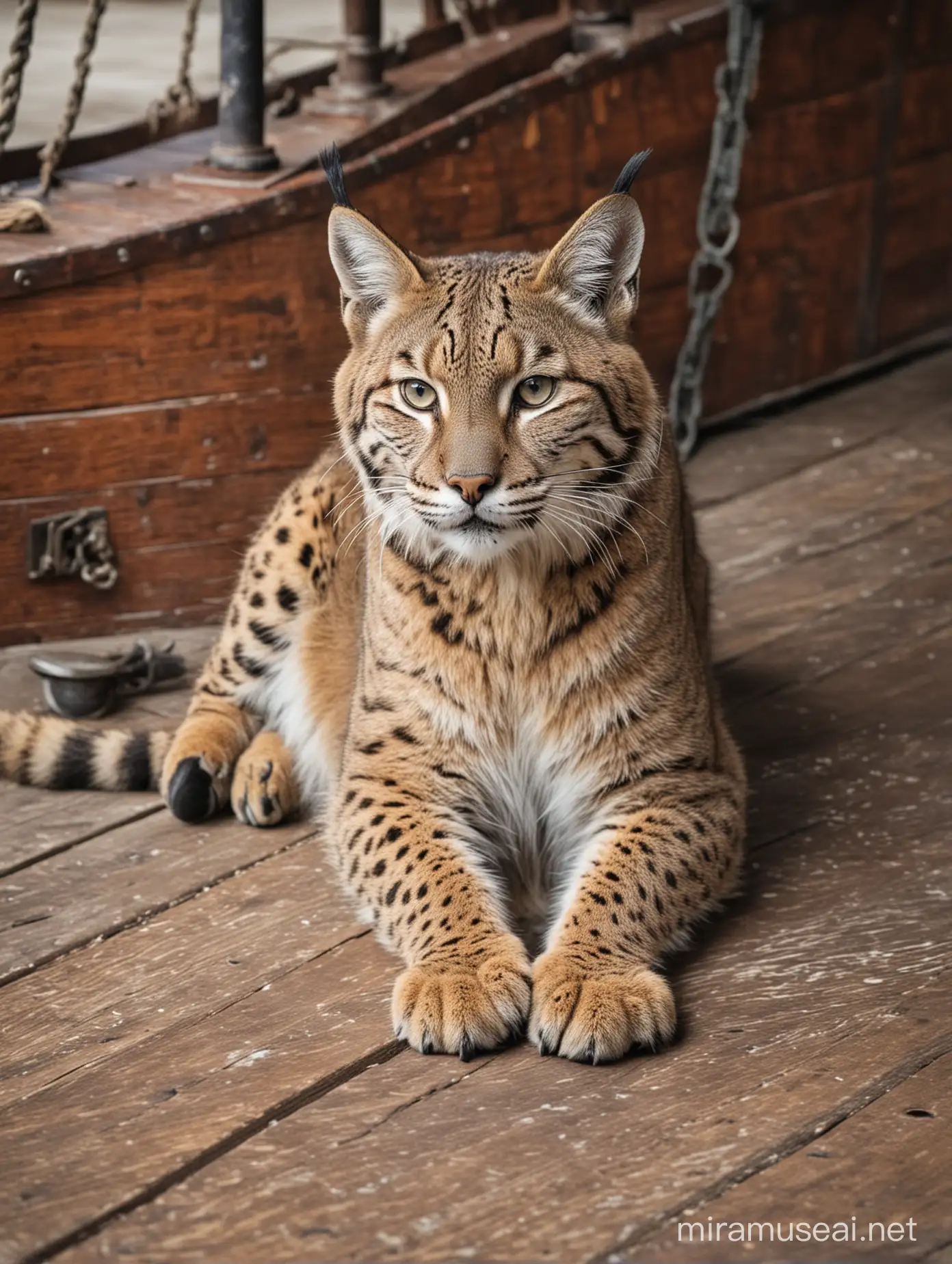 Bobcat, laying on wooden floor, on a pirate ship
