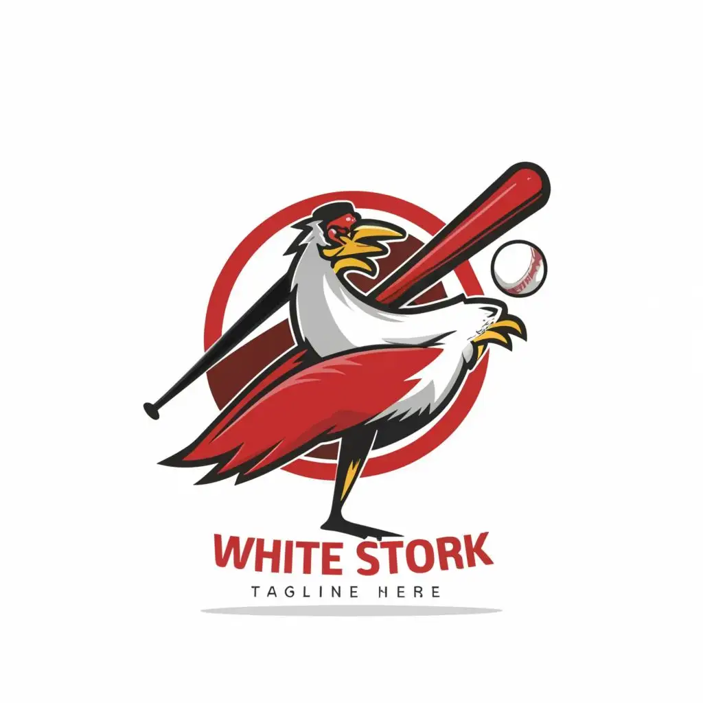 a logo design,with the text "White Storkes", main symbol:The stork leaning on a baseball bat with its wing (at its end), holding a ball in its beak, facing right, has a red beak, is black and white with gray accents, has yellow legs,Moderate,be used in Sports Fitness industry,clear background