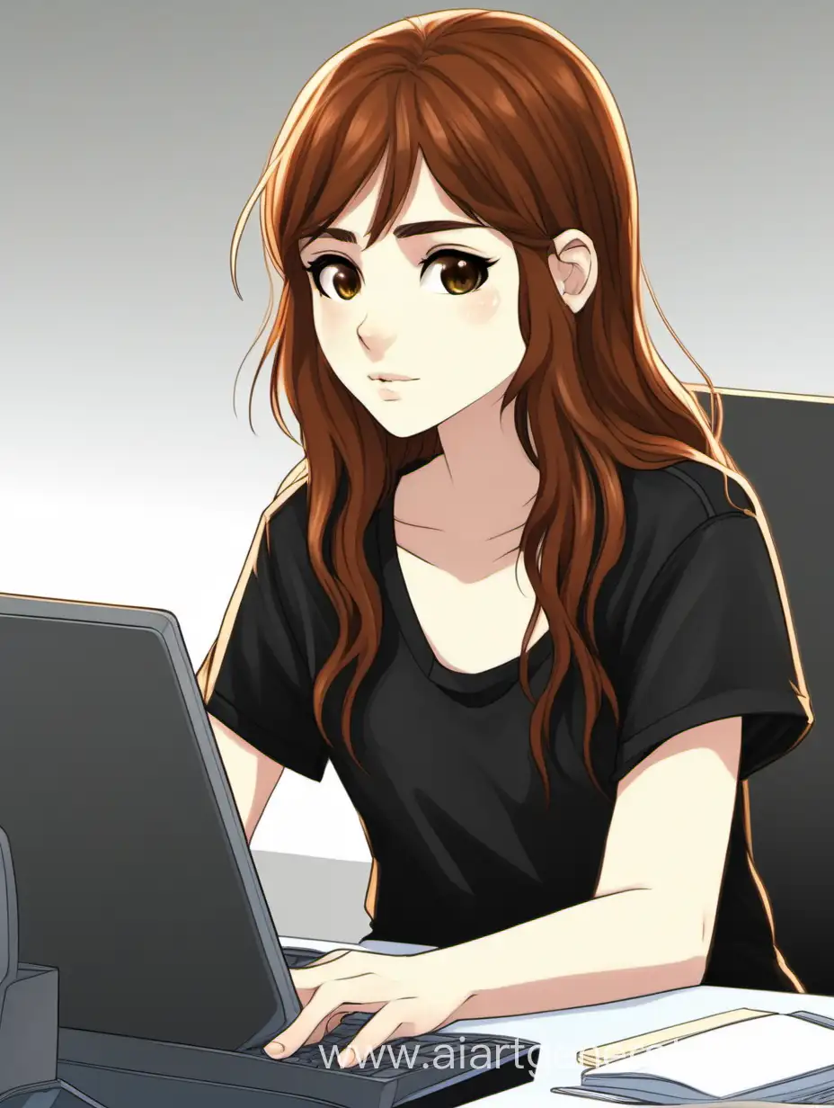 подросток женского пола. с каштановыми волосами и тёмно-коричневыми глазами, в чёрной футболке с белыми шортами. сидит в компьютере