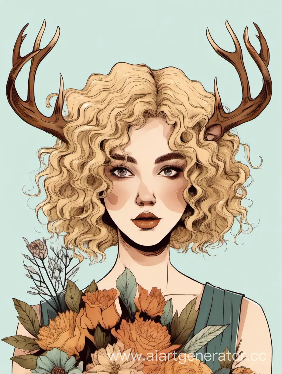 Девушка с короткими кудрявыми светлыми волосами и рогами оленя с букетом цветов